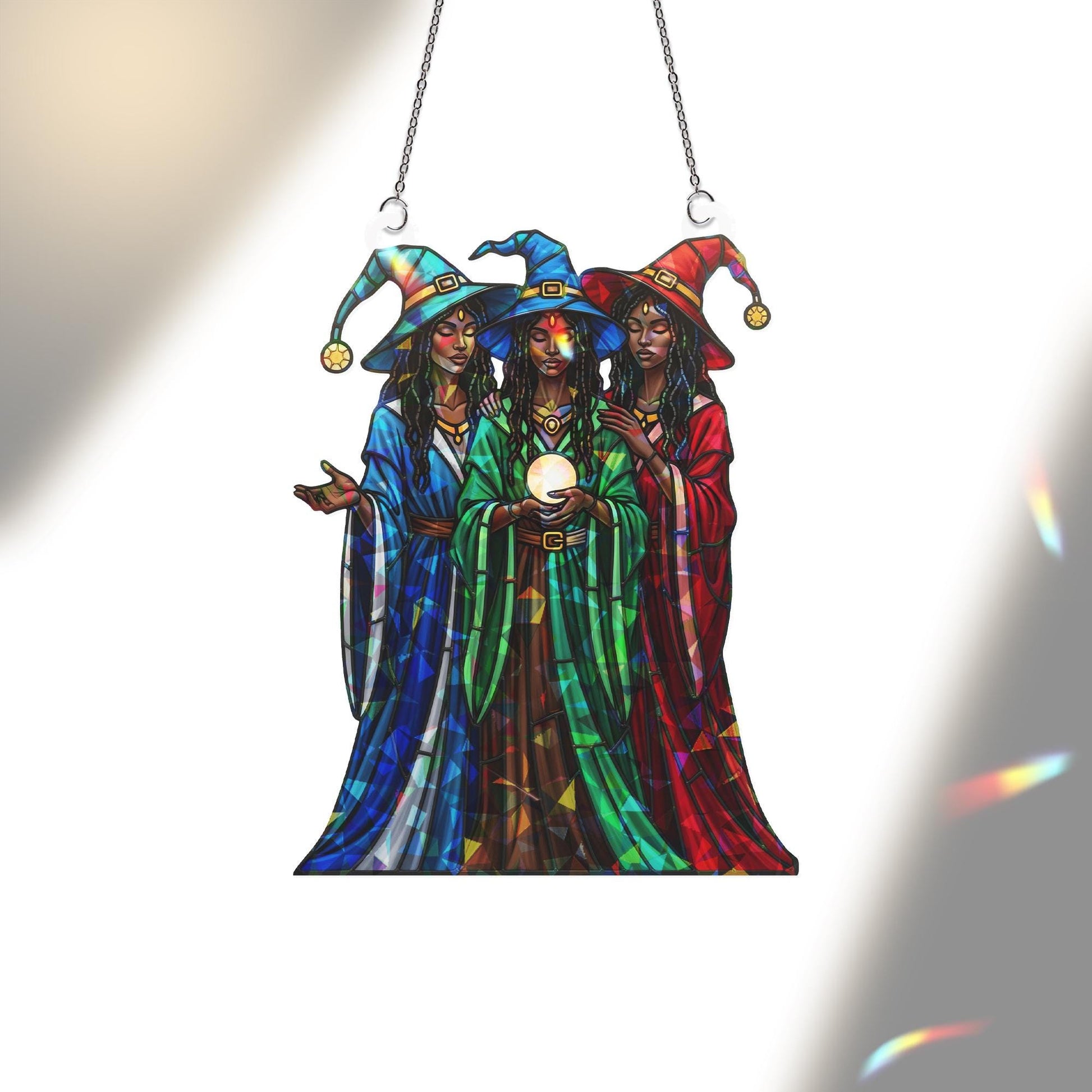 Triple Witch Sisters Suncatcher – Holographic Acrylic Crystal Ball Window Decor for Witchy, Spiritual & Gothic Home Style