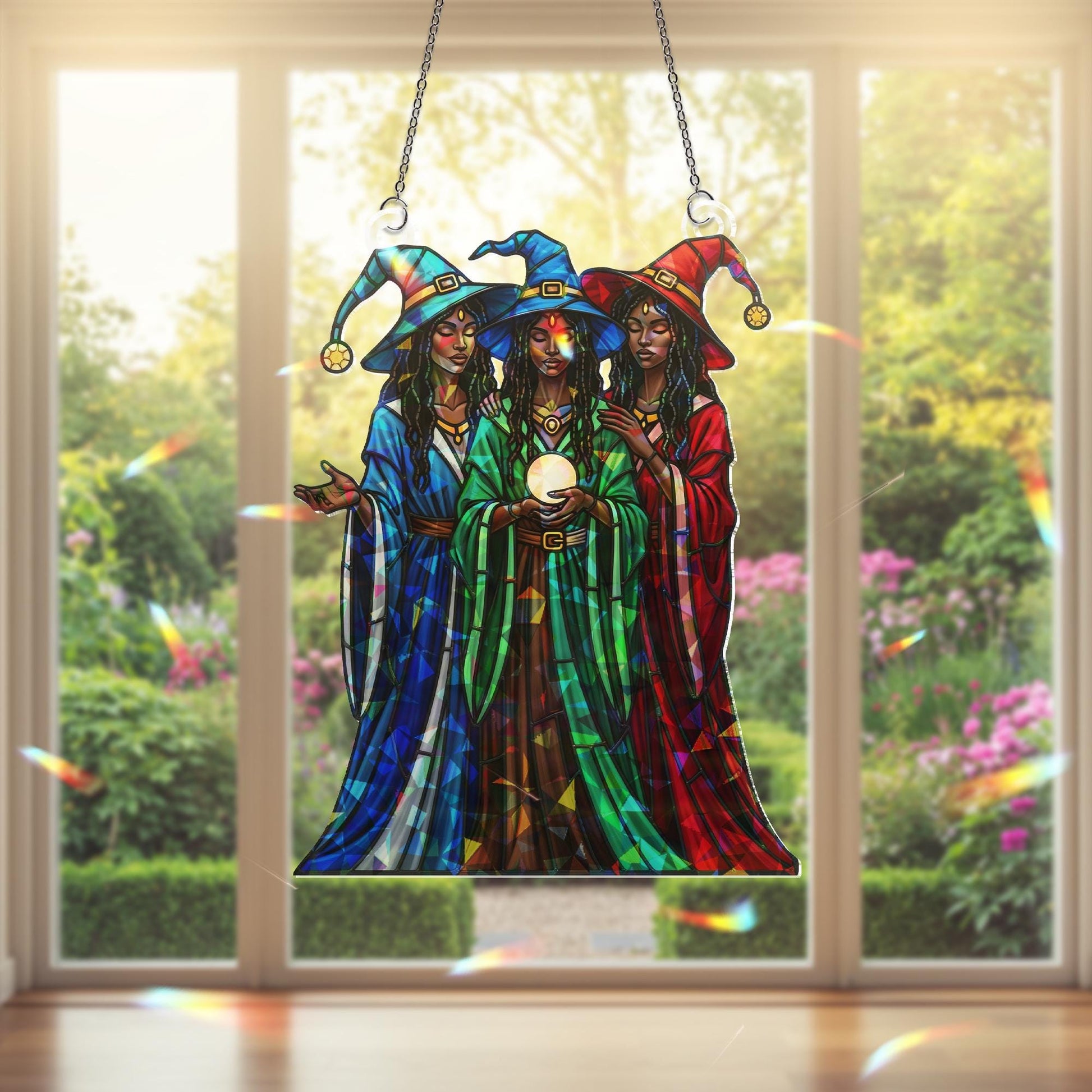 Triple Witch Sisters Suncatcher – Holographic Acrylic Crystal Ball Window Decor for Witchy, Spiritual & Gothic Home Style