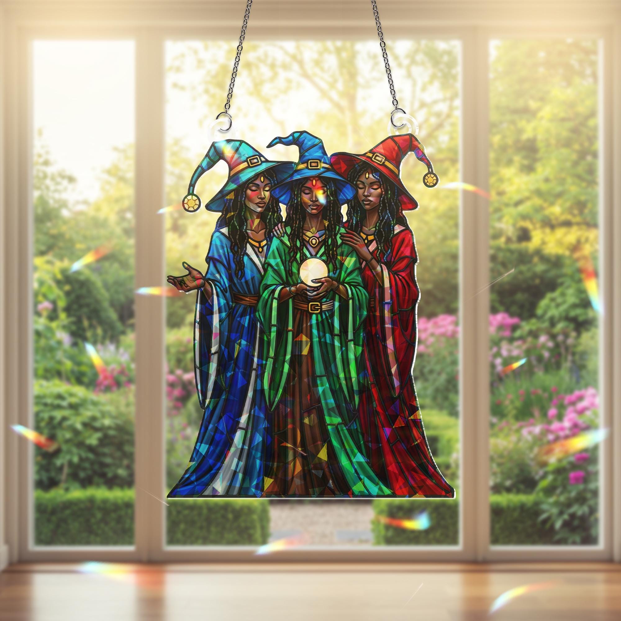 Triple Witch Sisters Suncatcher – Holographic Acrylic Crystal Ball Window Decor for Witchy, Spiritual & Gothic Home Style