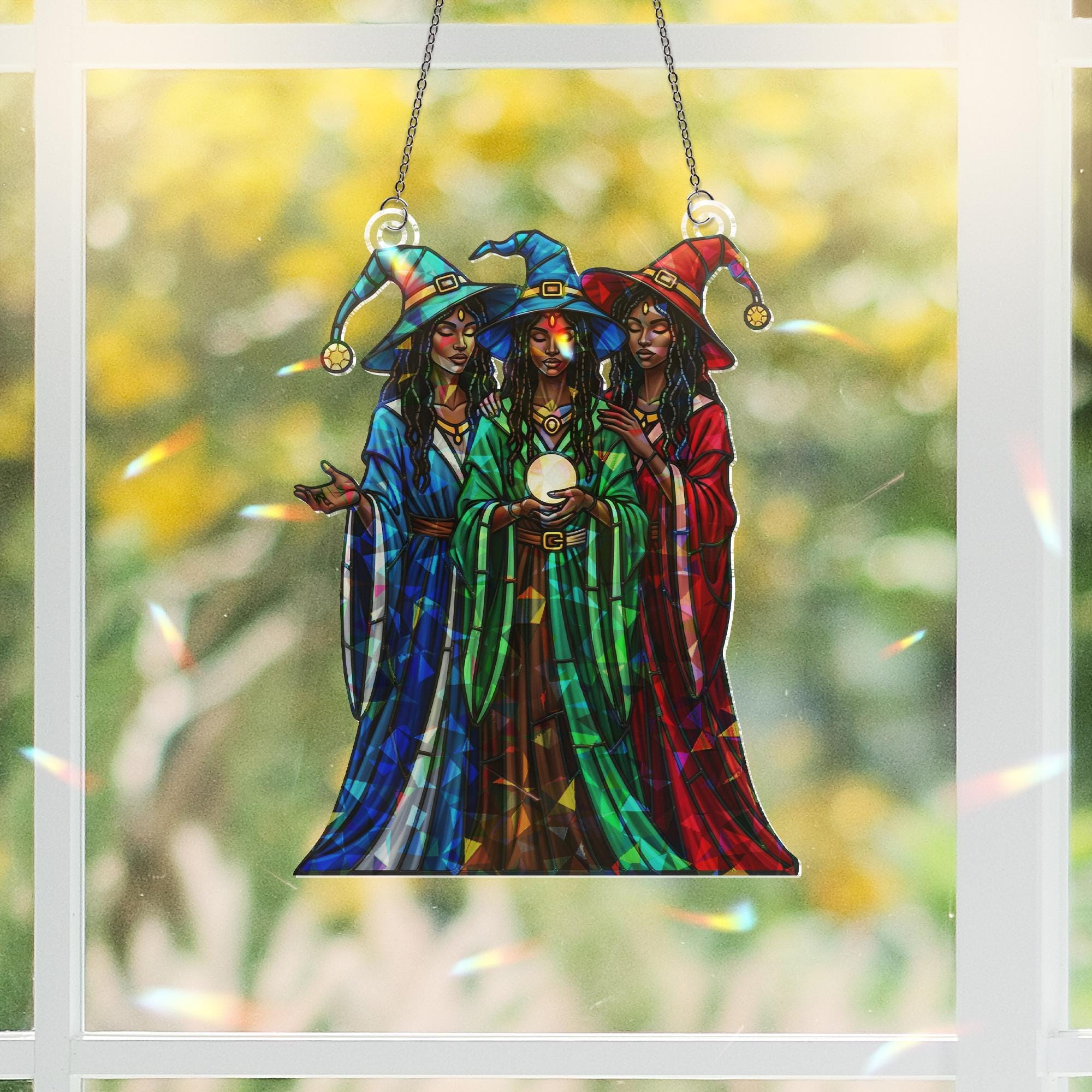 Triple Witch Sisters Suncatcher – Holographic Acrylic Crystal Ball Window Decor for Witchy, Spiritual & Gothic Home Style