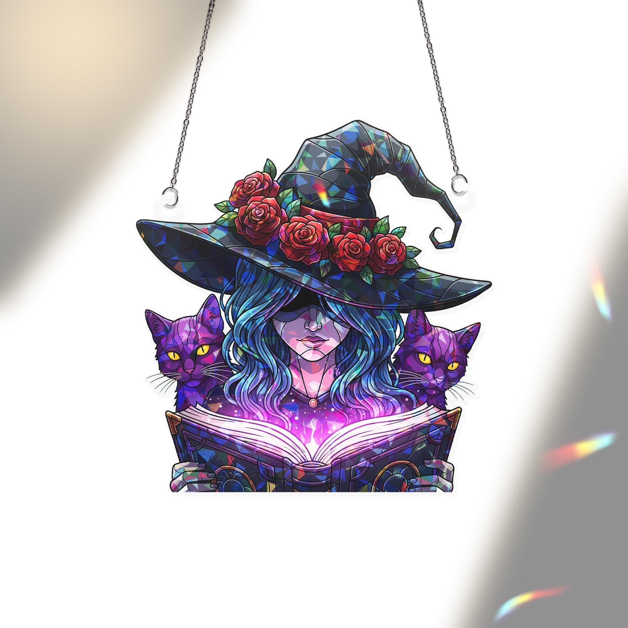 Acrylic Witch Suncatcher, Mystical Window Decor, Black Cat Witch Ornament, Magic Book Hanging Charm, Gothic Witchy Gift