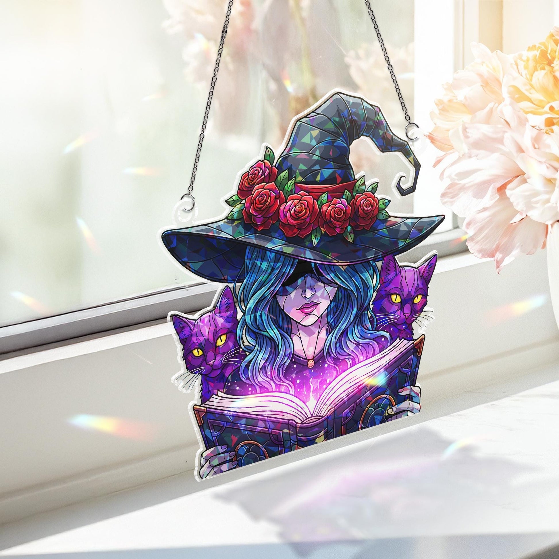 Acrylic Witch Suncatcher, Mystical Window Decor, Black Cat Witch Ornament, Magic Book Hanging Charm, Gothic Witchy Gift