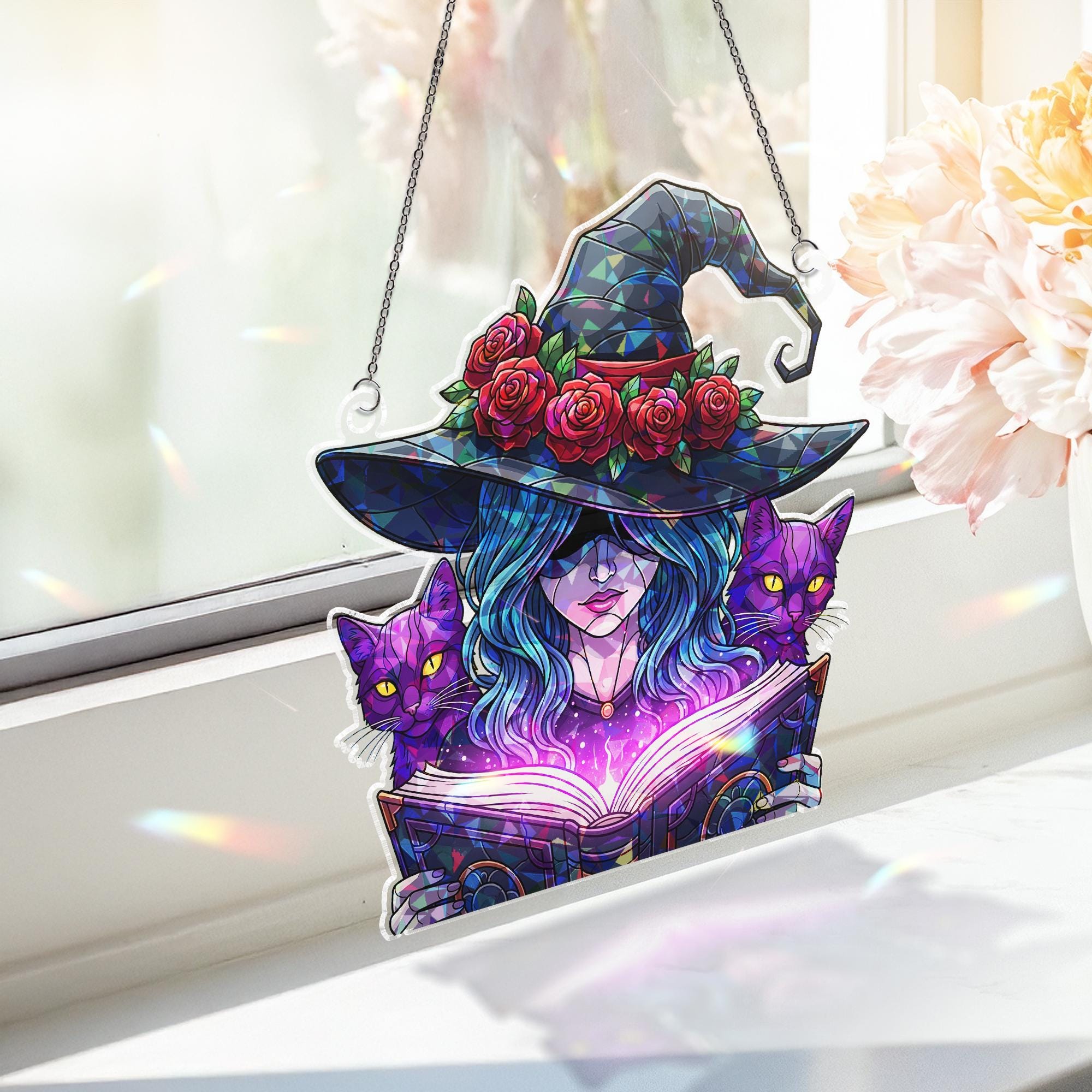 Acrylic Witch Suncatcher, Mystical Window Decor, Black Cat Witch Ornament, Magic Book Hanging Charm, Gothic Witchy Gift