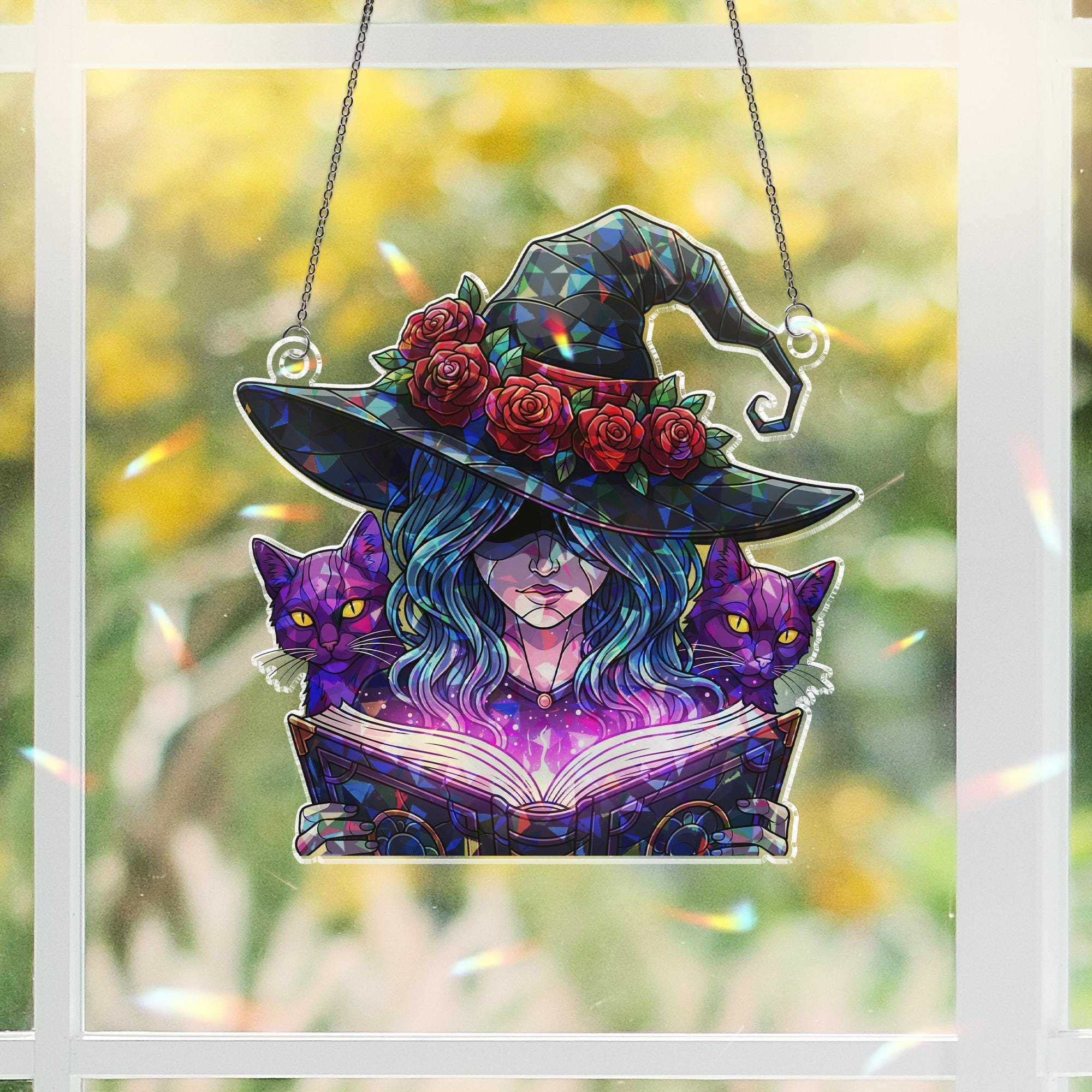 Acrylic Witch Suncatcher, Mystical Window Decor, Black Cat Witch Ornament, Magic Book Hanging Charm, Gothic Witchy Gift