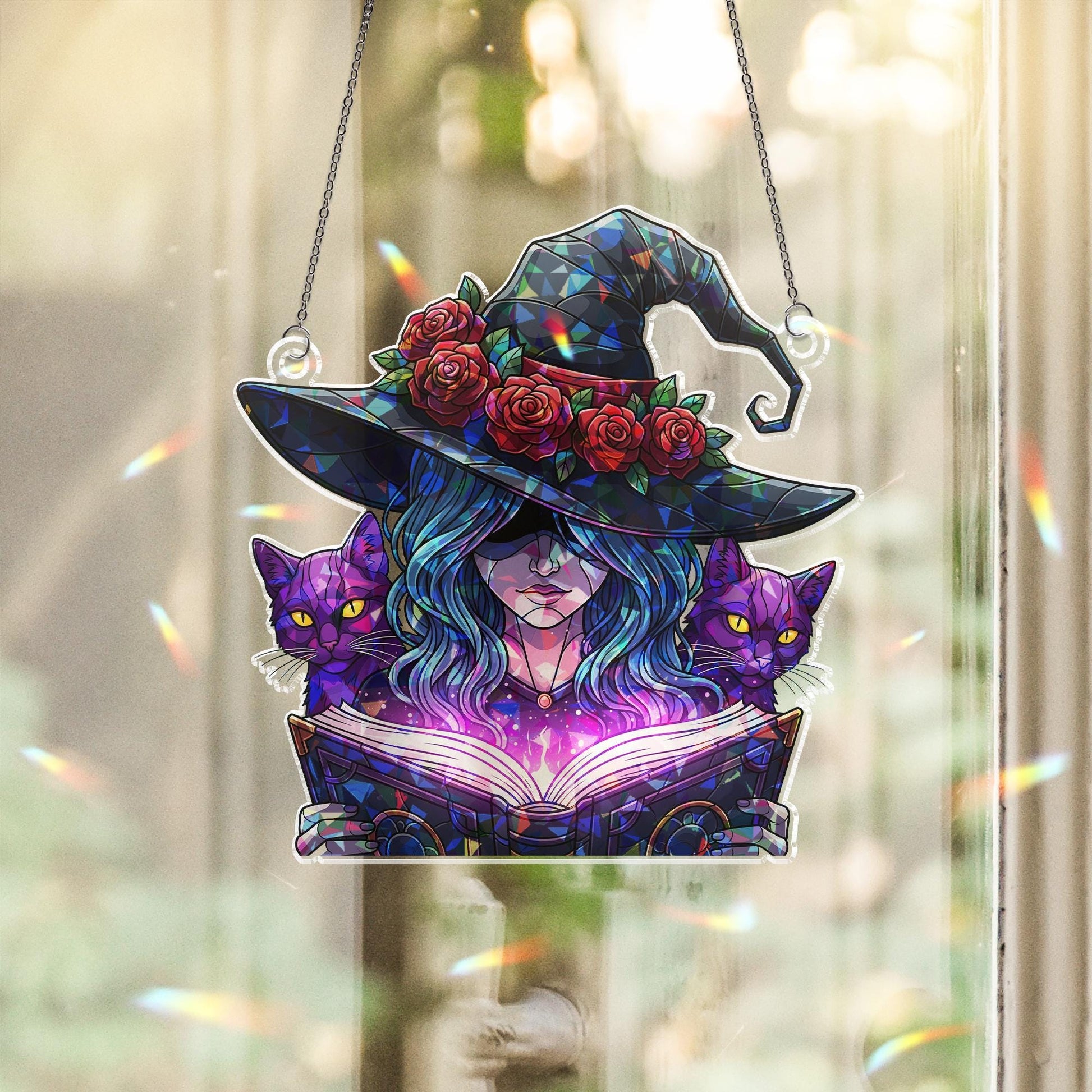 Acrylic Witch Suncatcher, Mystical Window Decor, Black Cat Witch Ornament, Magic Book Hanging Charm, Gothic Witchy Gift