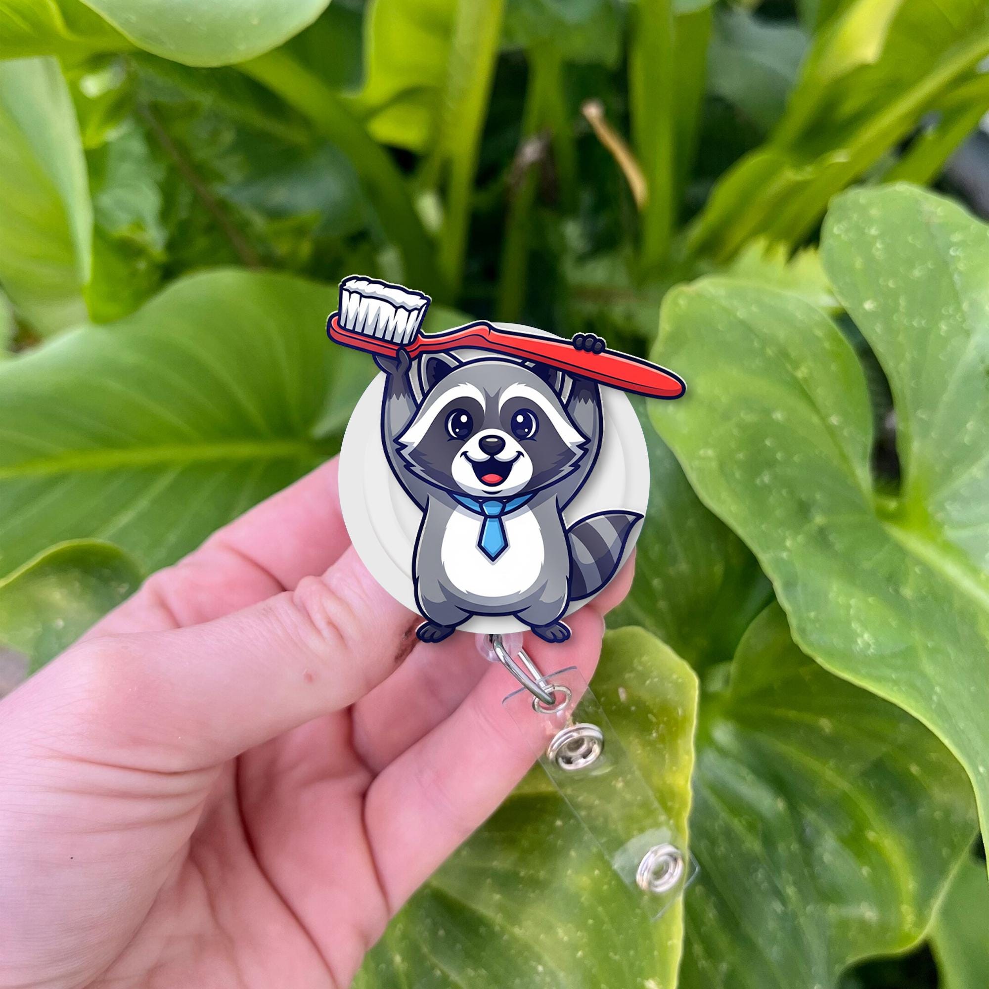 Raccoon Toothbrush Badge Reel, Cute Dental Hygienist Badge Holder, Dentist Office ID Clip, Funny Animal Tooth Badge Accessory