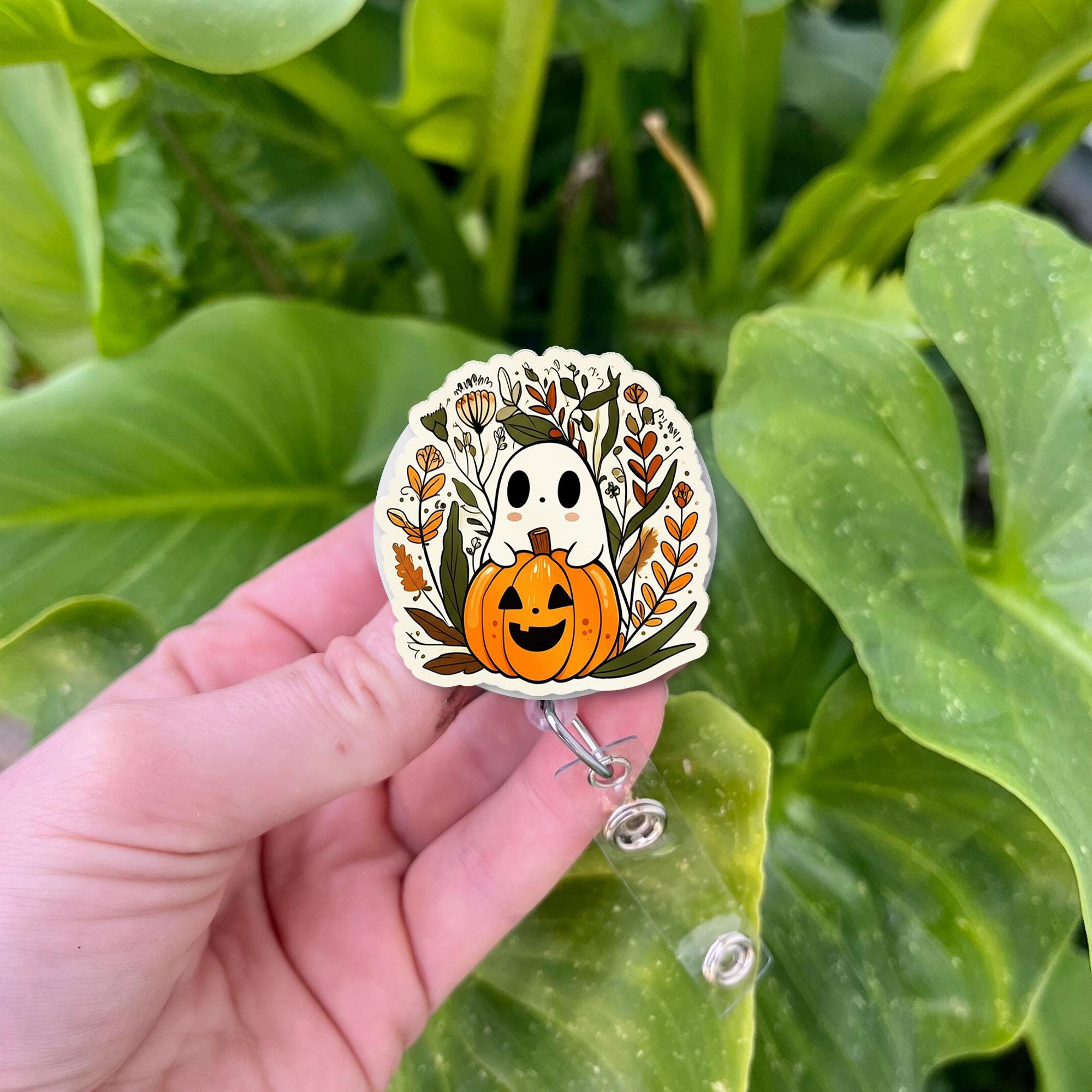 Fall Ghost Pumpkin Badge Reel, Autumn Floral ID Badge Holder, Cute Halloween Work Clip, Spooky Season Office Accessory