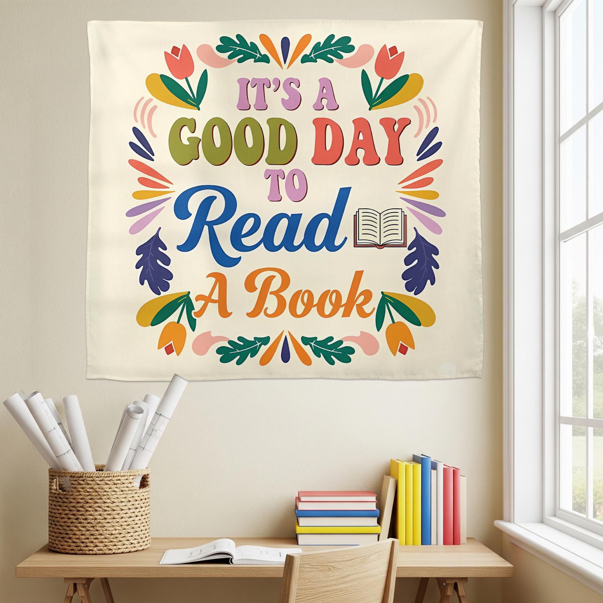 Book Lover Wall Tapestry, It's a Good Day to Read Banner, Colorful Reading Decor, Cozy Bookish Room Art, Classroom Wall Hanging