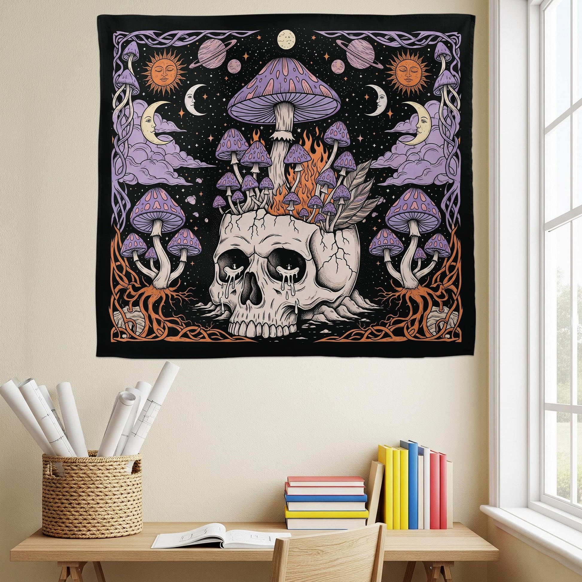 Mushroom Skull Tapestry, Gothic Psychedelic Wall Art, Trippy Celestial Decor, Witchy Boho Room Hanging, Alternative Wall Banner