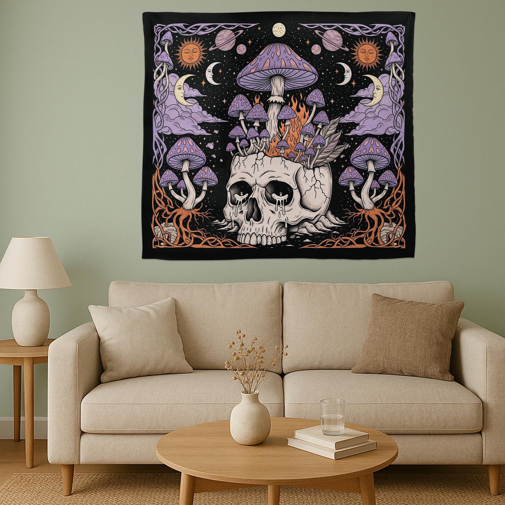 Mushroom Skull Tapestry, Gothic Psychedelic Wall Art, Trippy Celestial Decor, Witchy Boho Room Hanging, Alternative Wall Banner