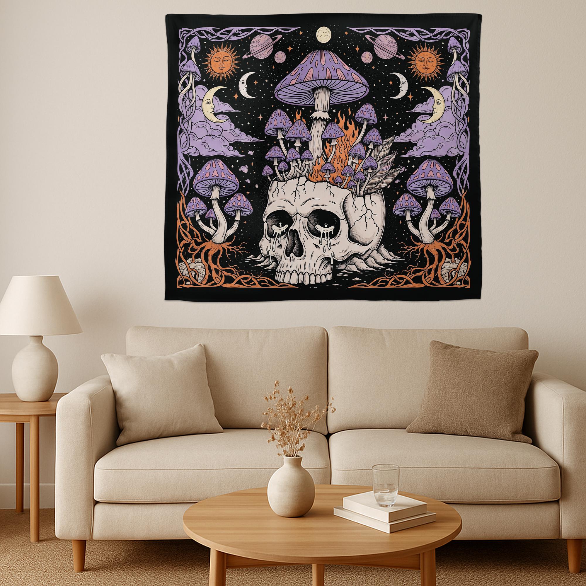 Mushroom Skull Tapestry, Gothic Psychedelic Wall Art, Trippy Celestial Decor, Witchy Boho Room Hanging, Alternative Wall Banner