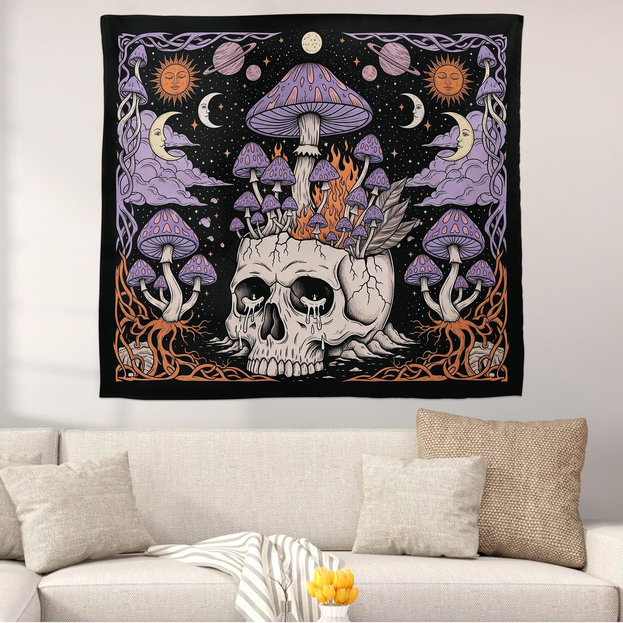 Mushroom Skull Tapestry, Gothic Psychedelic Wall Art, Trippy Celestial Decor, Witchy Boho Room Hanging, Alternative Wall Banner