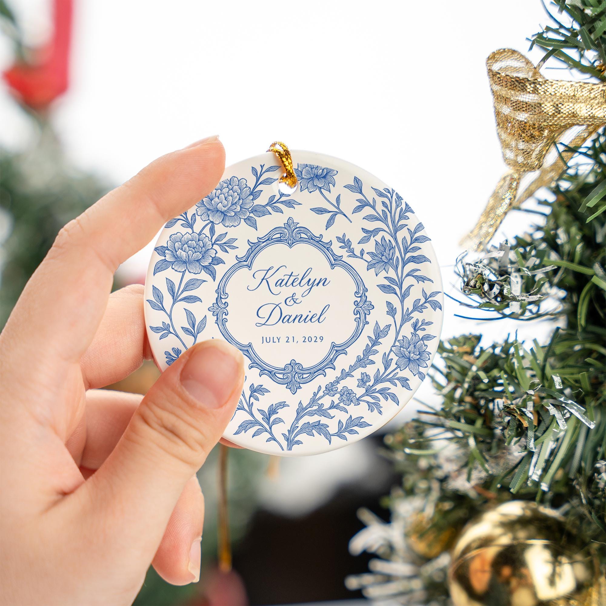 Custom Chinoiserie Wedding Ceramic Ornament | Personalized Blue and White Keepsake | Bride and Groom Gift | Elegant Wedding Decoration