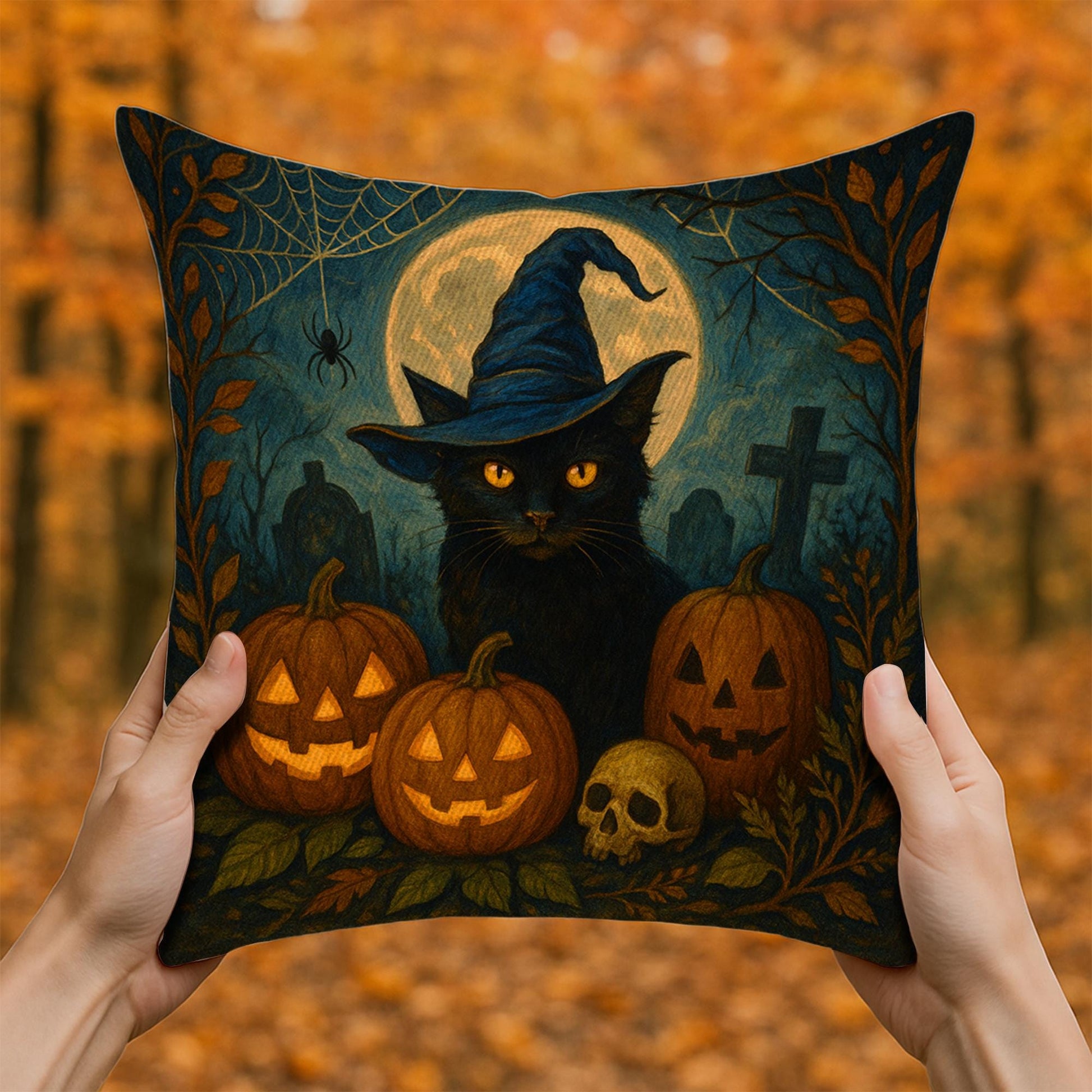 Halloween Black Cat Pillow with Pumpkins and Witch Hat, Spooky Fall Decorative Cushion Cover for Couch or Bed