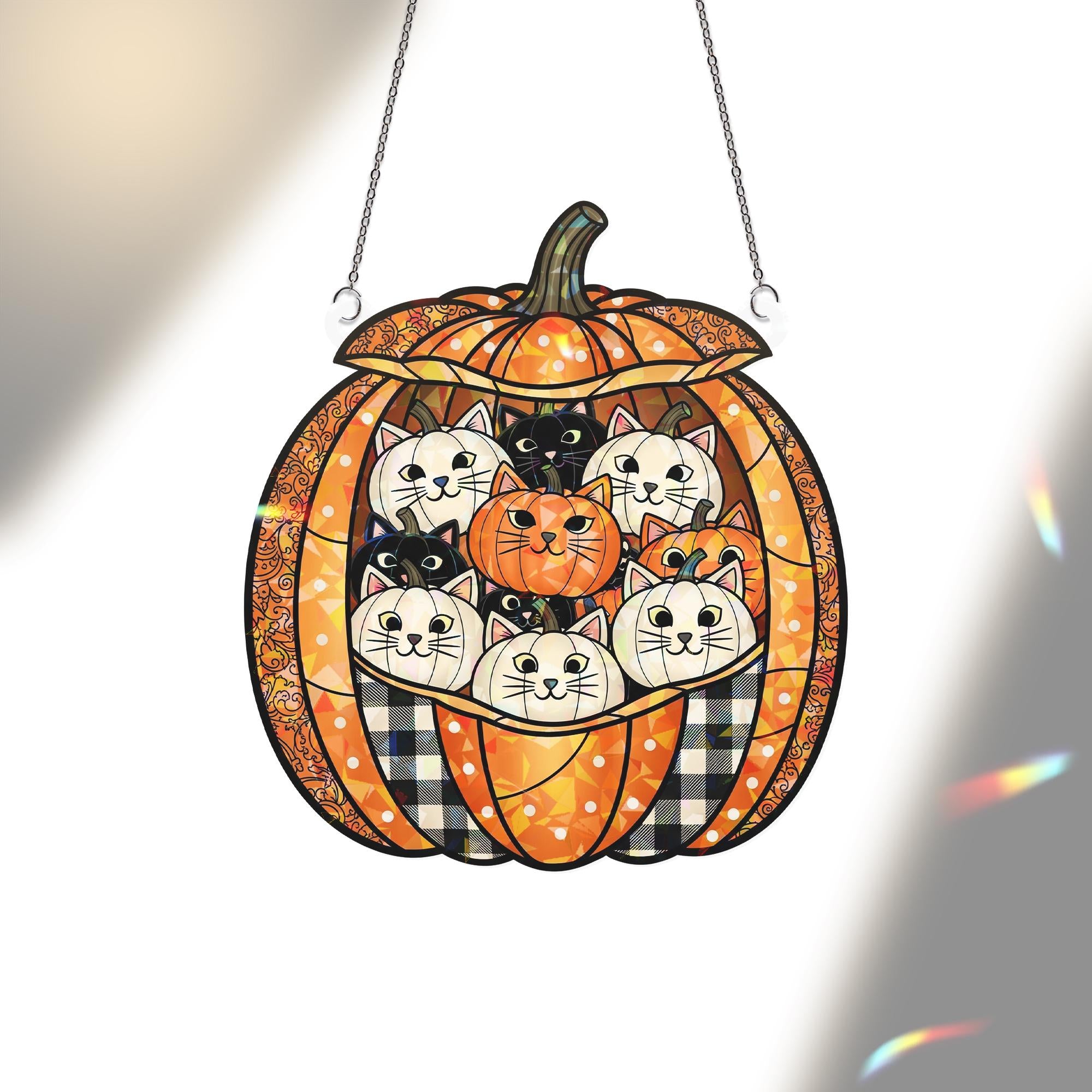 Holographic Pumpkin Cat Window Hanging – Glittering Fall Décor, Sun-Catcher Cats in Jack-O’-Lantern, Autumn Hologram Ornament