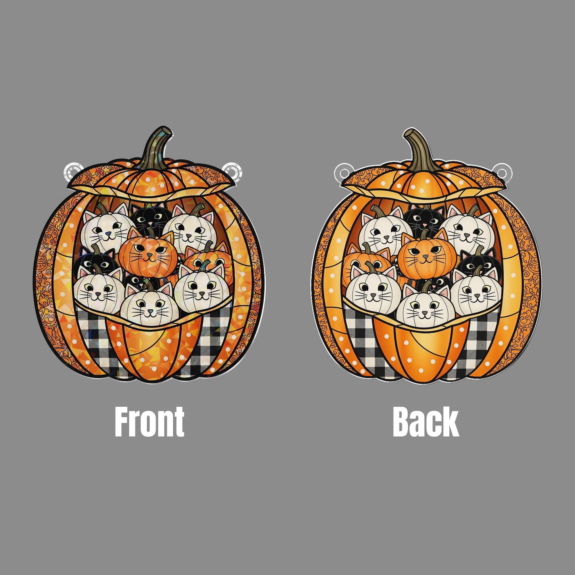 Holographic Pumpkin Cat Window Hanging – Glittering Fall Décor, Sun-Catcher Cats in Jack-O’-Lantern, Autumn Hologram Ornament