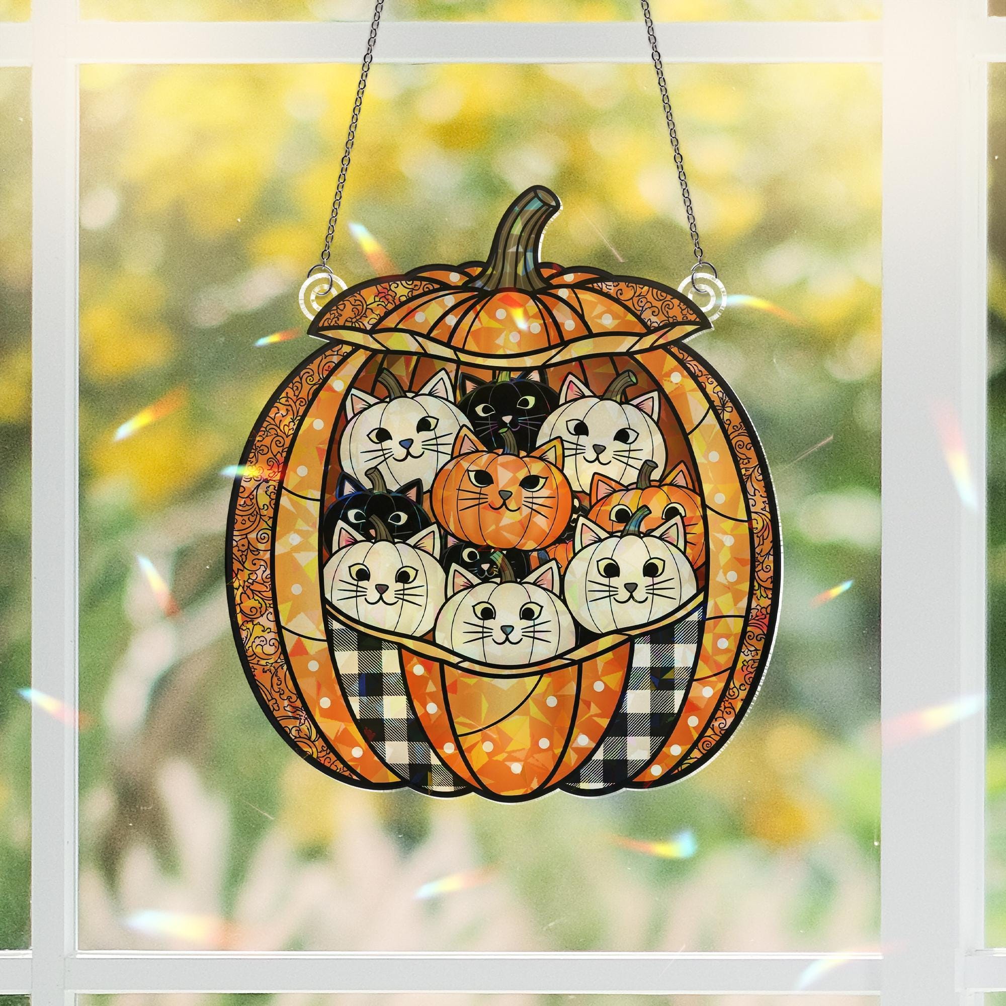 Holographic Pumpkin Cat Window Hanging – Glittering Fall Décor, Sun-Catcher Cats in Jack-O’-Lantern, Autumn Hologram Ornament