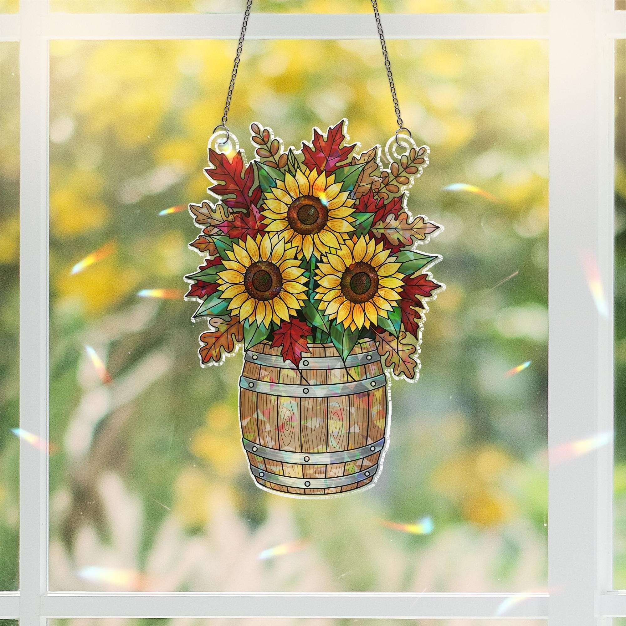 Holographic Sunflower Barrel Window Hanging – Autumn Sun-Catcher Décor, Glittering Fall Floral Ornament for Cozy Windows