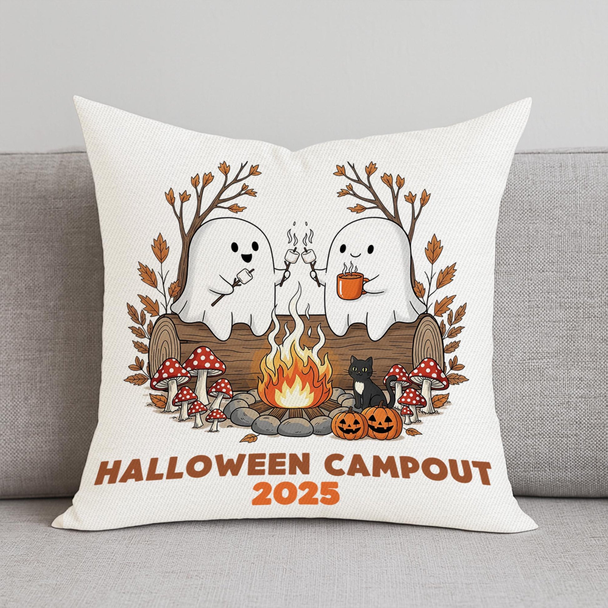 Halloween Campout Pillow Cover 2025 | Cute Ghost Campfire Cushion | Spooky Fall Throw Pillow | Rustic Halloween Camping Decor