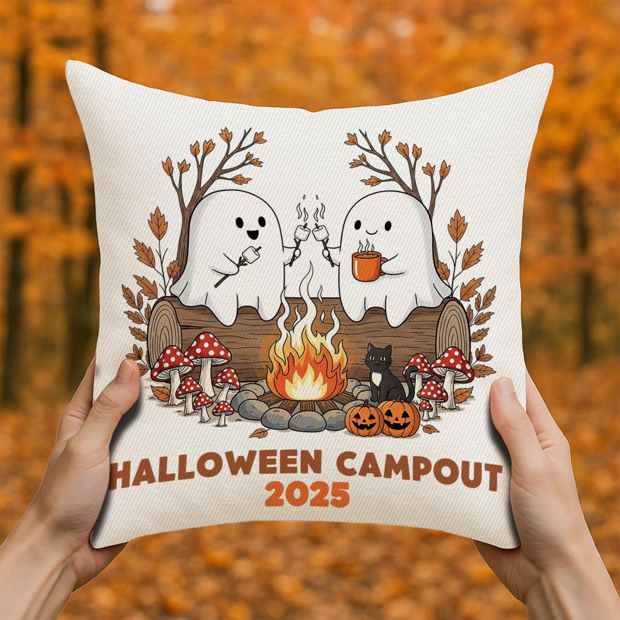 Halloween Campout Pillow Cover 2025 | Cute Ghost Campfire Cushion | Spooky Fall Throw Pillow | Rustic Halloween Camping Decor