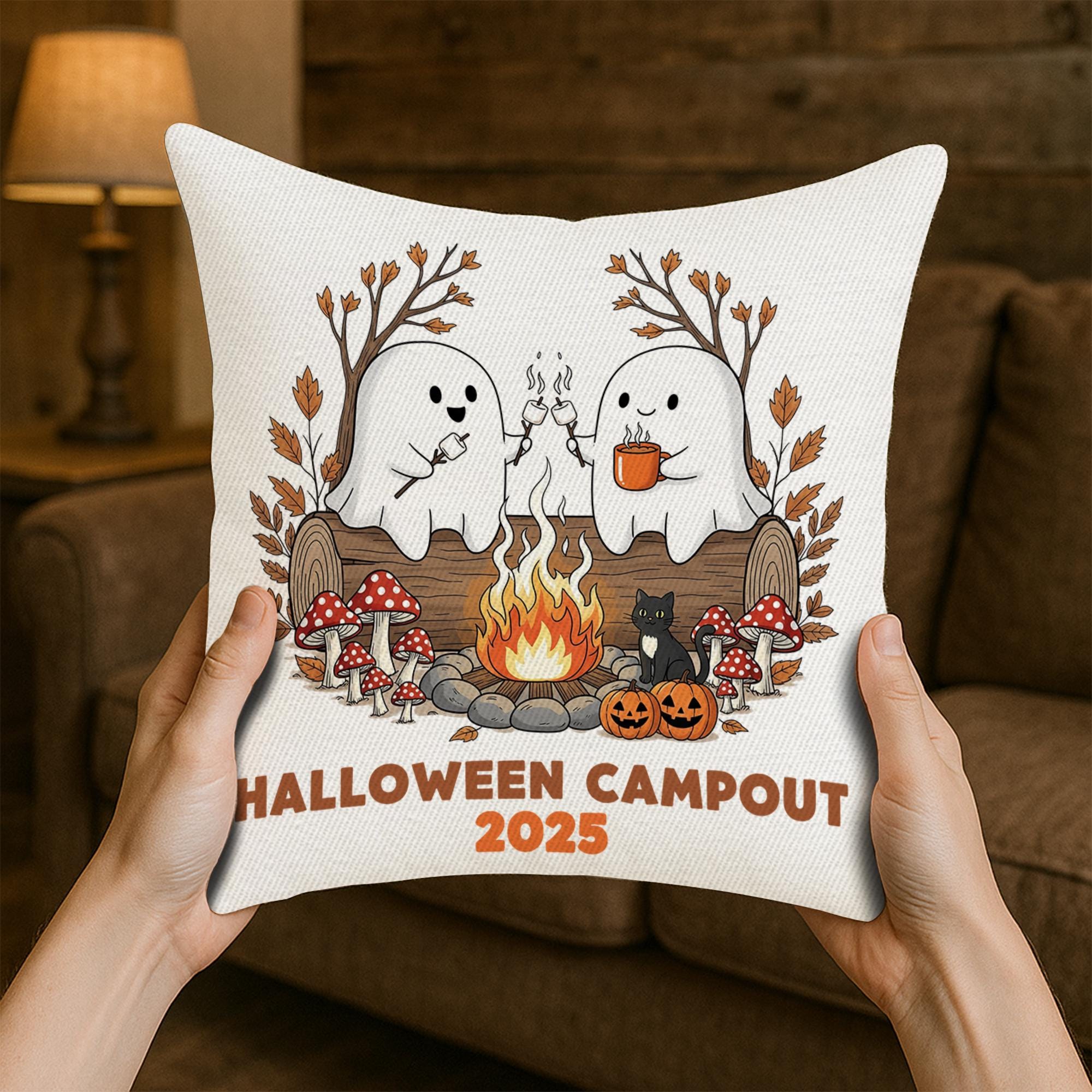 Halloween Campout Pillow Cover 2025 | Cute Ghost Campfire Cushion | Spooky Fall Throw Pillow | Rustic Halloween Camping Decor