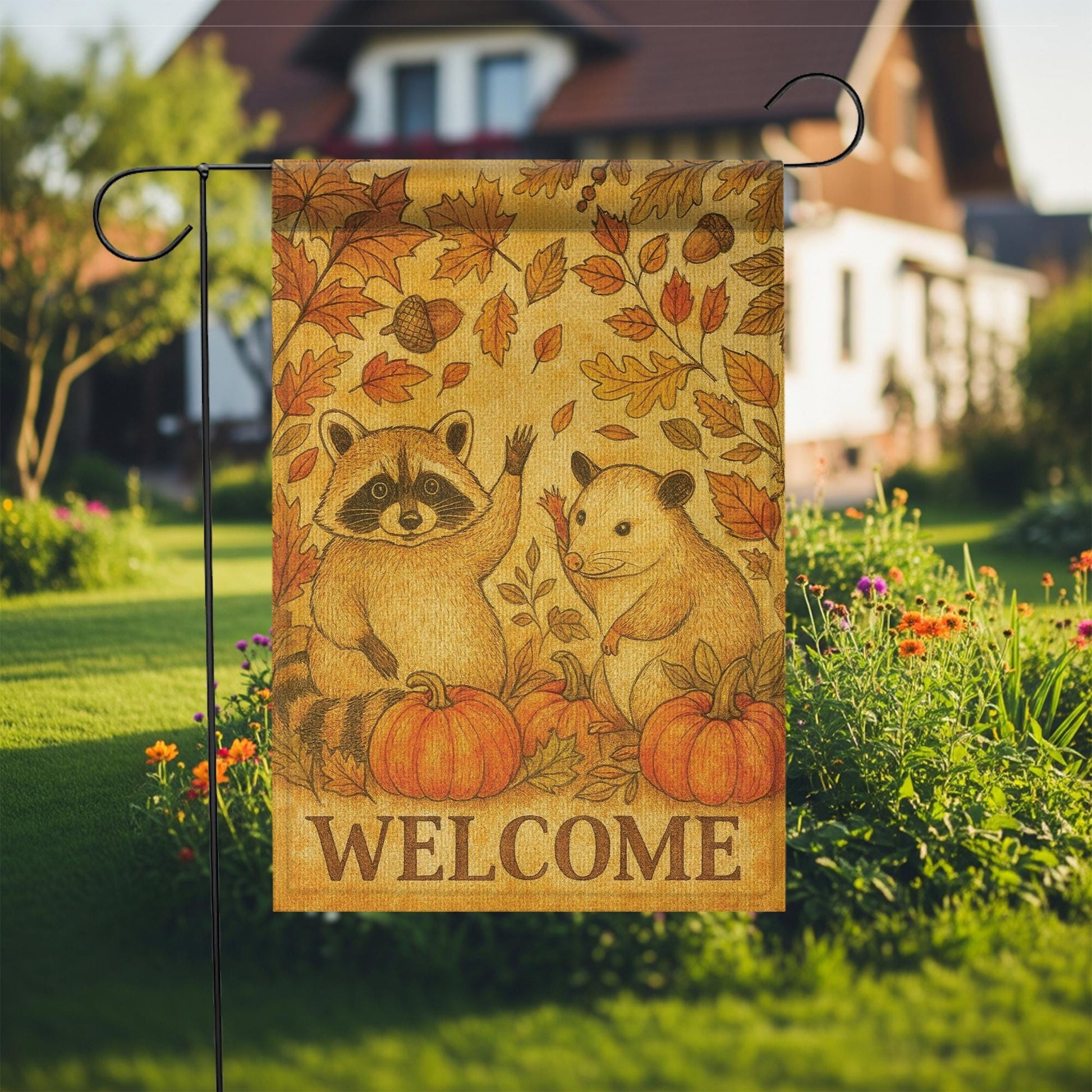 Fall Welcome Garden Flag | Rustic Woodland Animal Yard Flag | Autumn Outdoor Decor with Pumpkins | Cute Raccoon & Opossum Banner