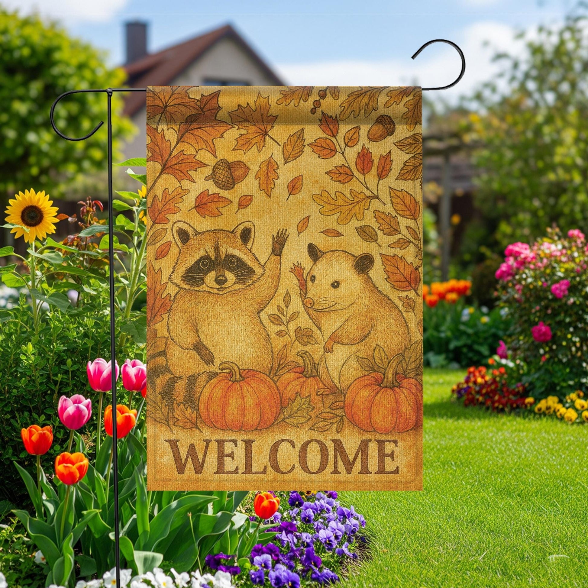 Fall Welcome Garden Flag | Rustic Woodland Animal Yard Flag | Autumn Outdoor Decor with Pumpkins | Cute Raccoon & Opossum Banner