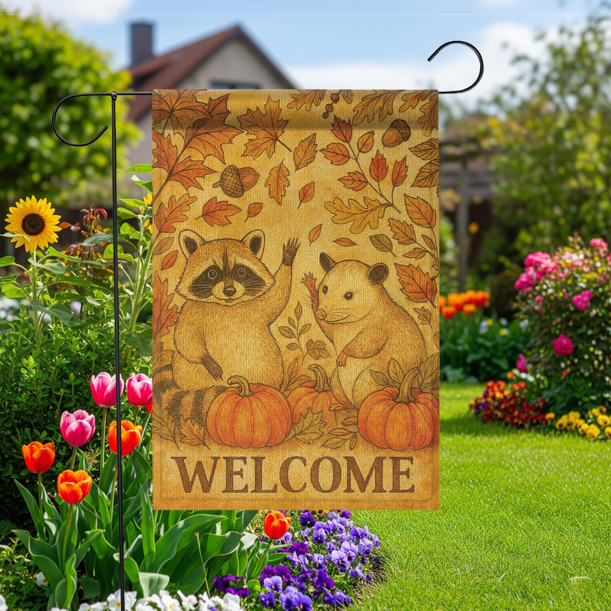 Fall Welcome Garden Flag | Rustic Woodland Animal Yard Flag | Autumn Outdoor Decor with Pumpkins | Cute Raccoon & Opossum Banner