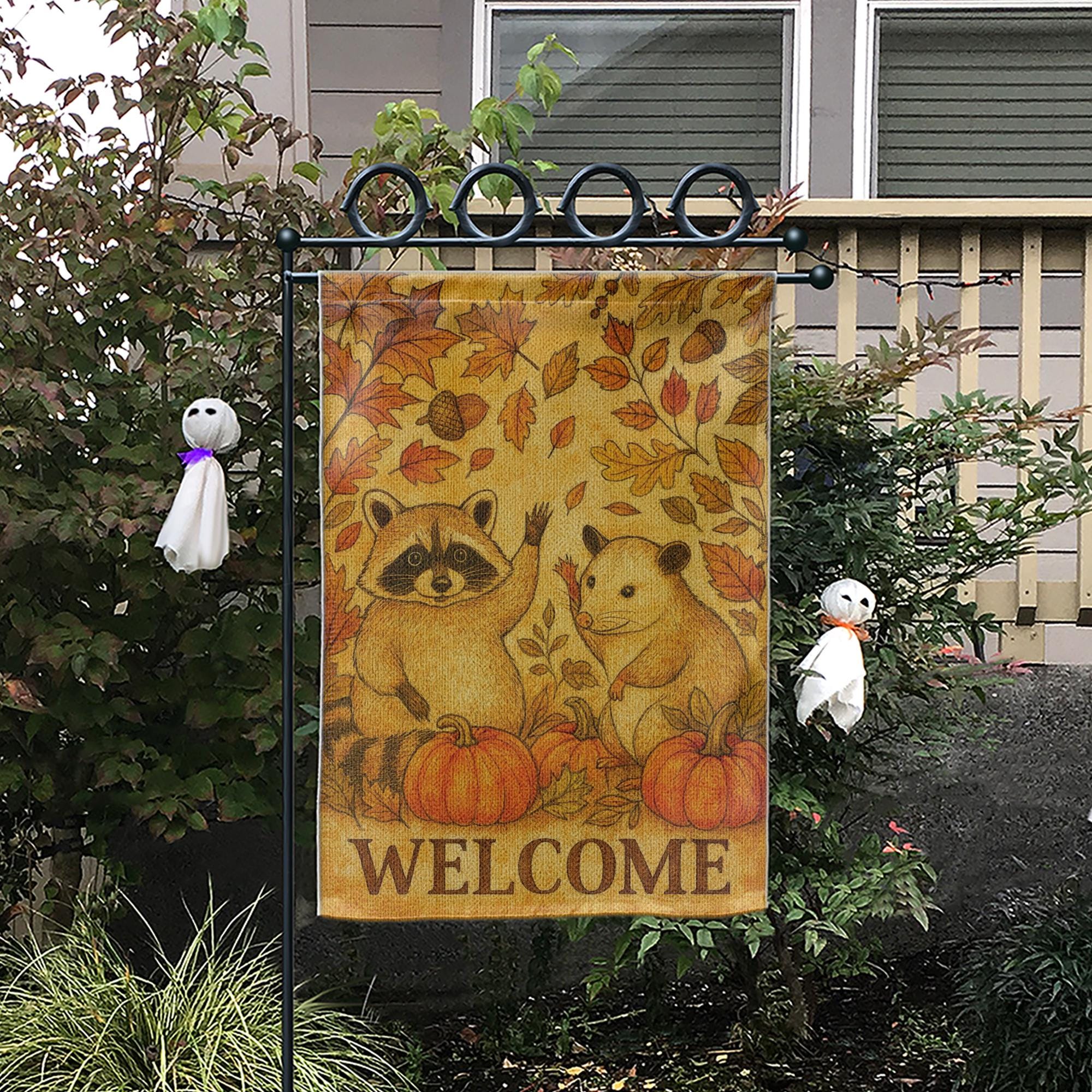 Fall Welcome Garden Flag | Rustic Woodland Animal Yard Flag | Autumn Outdoor Decor with Pumpkins | Cute Raccoon & Opossum Banner