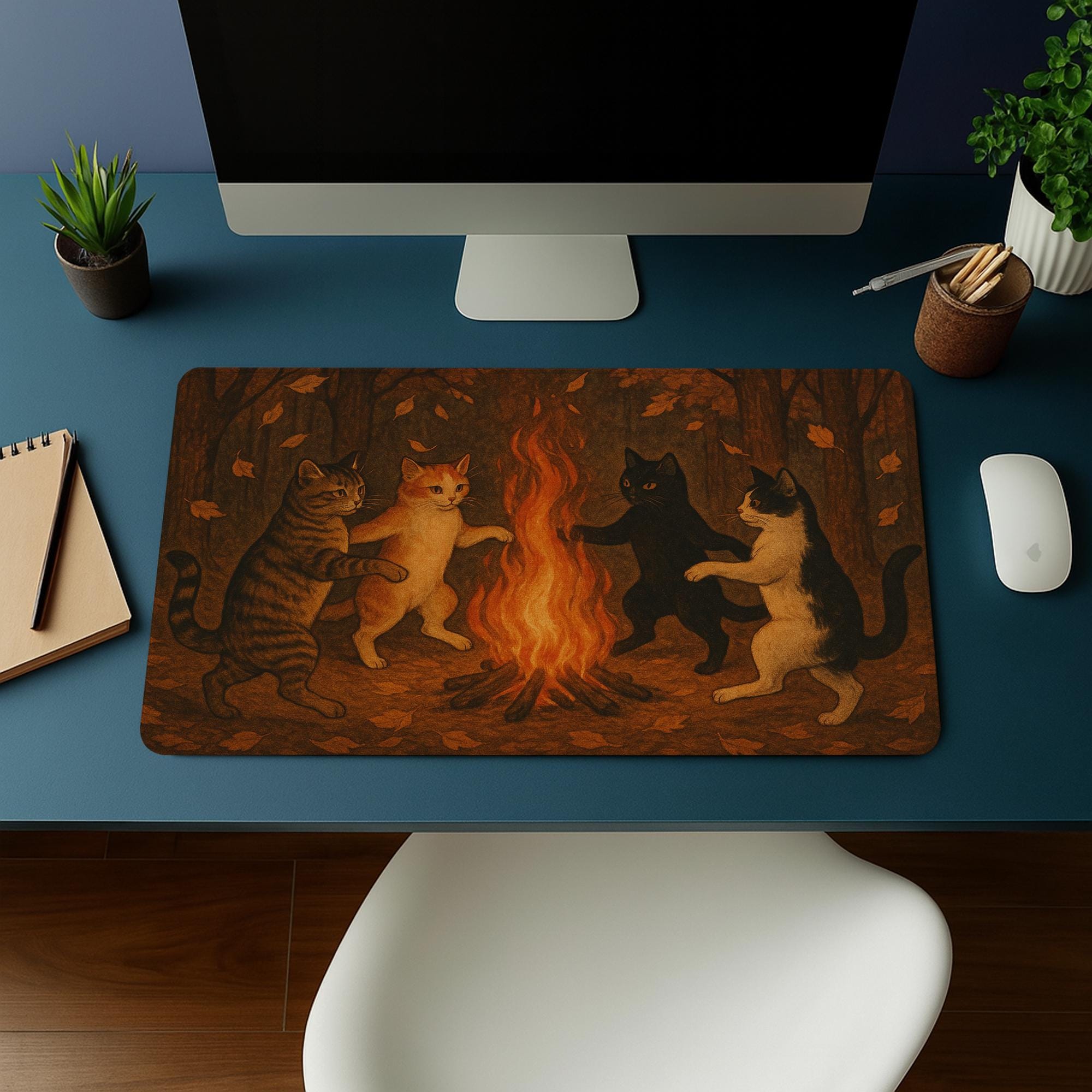 Cat Mouse Pad | Cozy Bonfire Cat Desk Mat | Gothic Witchy Office Decor | Cute Cat Lover Gift | Spooky Aesthetic Mousepad