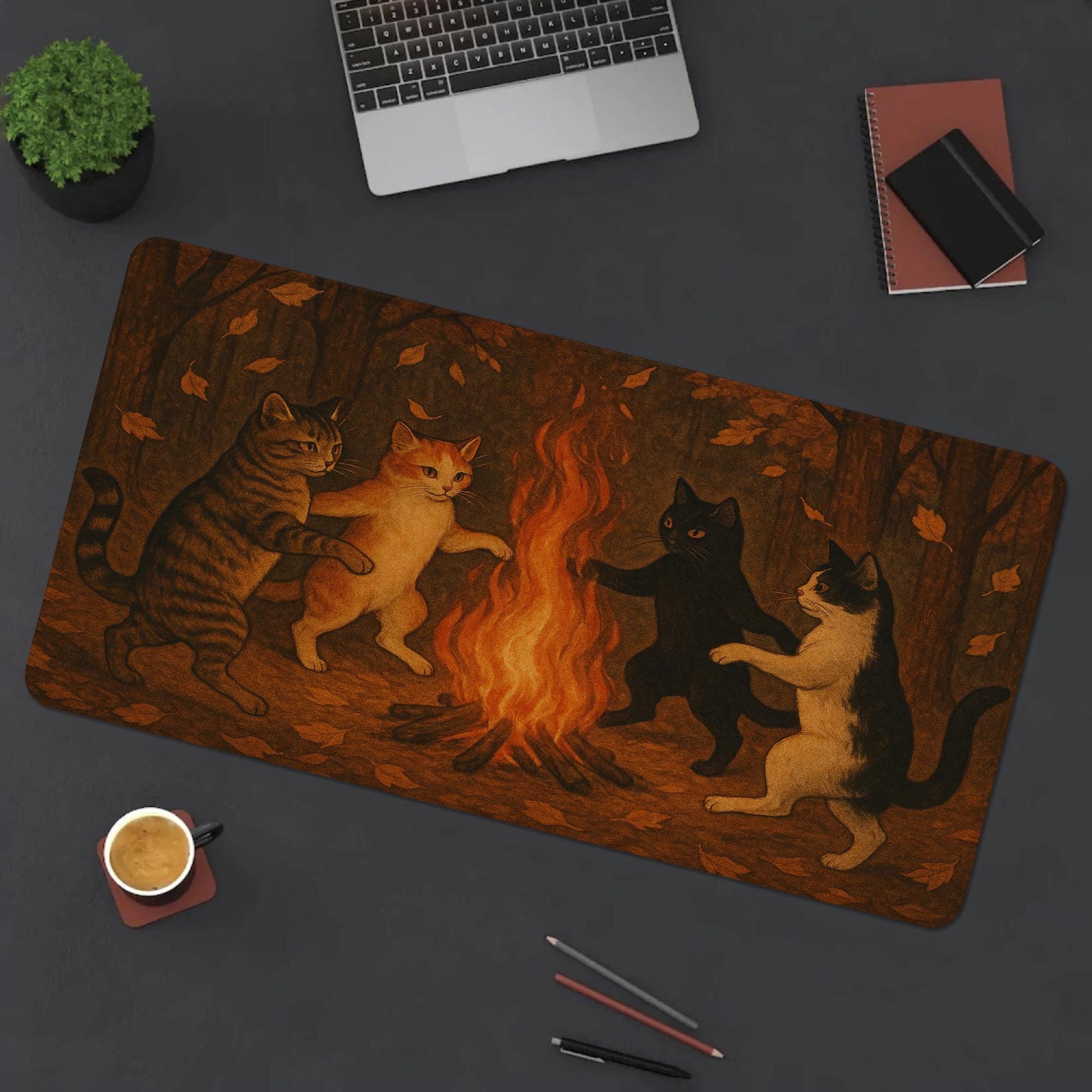 Cat Mouse Pad | Cozy Bonfire Cat Desk Mat | Gothic Witchy Office Decor | Cute Cat Lover Gift | Spooky Aesthetic Mousepad