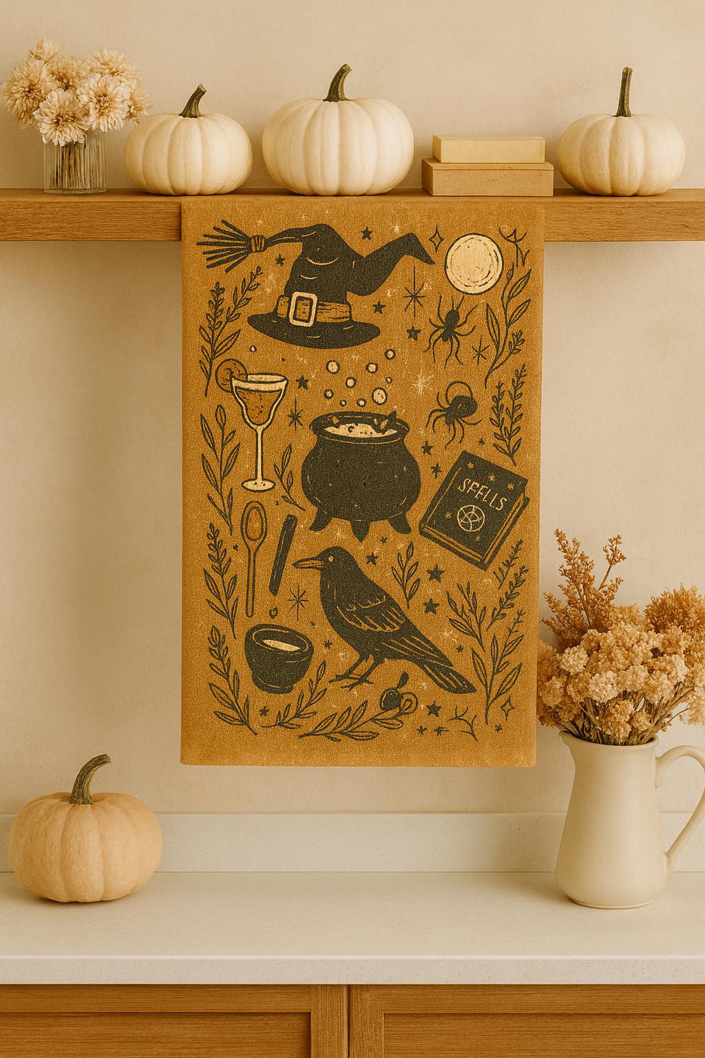 Witch Kitchen Towel | Gothic Halloween Dish Towel | Spooky Witchy Decor | Cauldron Tea Towel | Witch Gift for Mom