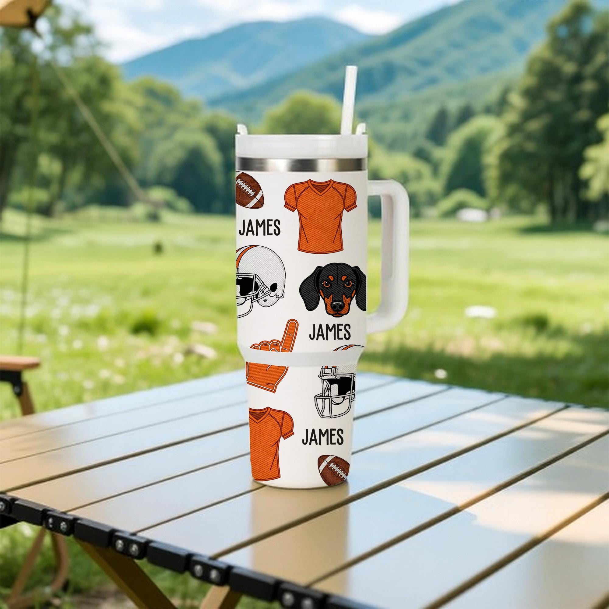 Custom Football Tumbler with Handle – Personalized Name & Dog Design, Sports Fan Gift, Stainless Steel Travel Cup with Straw, Dog Lover Gift