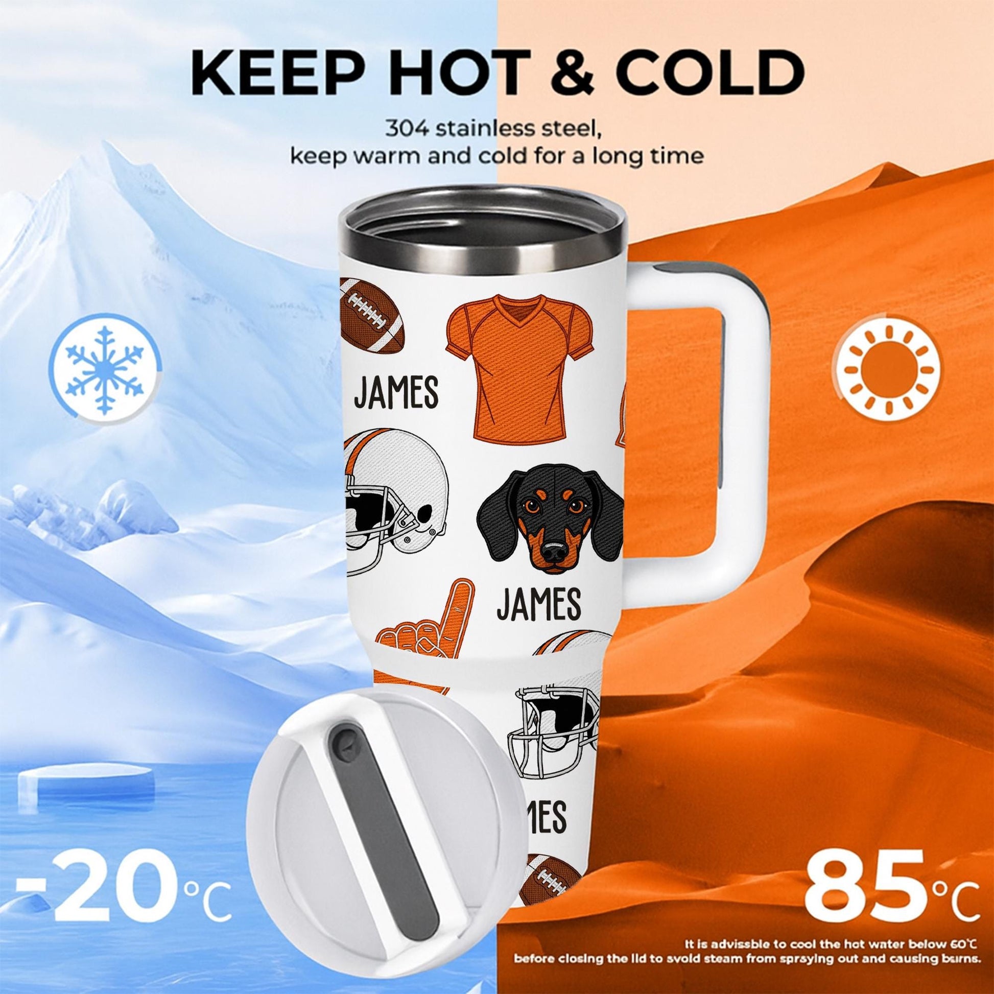 Custom Football Tumbler with Handle – Personalized Name & Dog Design, Sports Fan Gift, Stainless Steel Travel Cup with Straw, Dog Lover Gift