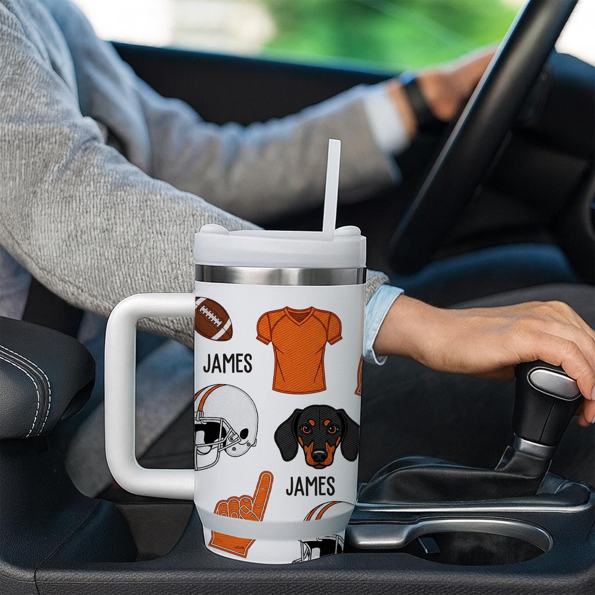 Custom Football Tumbler with Handle – Personalized Name & Dog Design, Sports Fan Gift, Stainless Steel Travel Cup with Straw, Dog Lover Gift