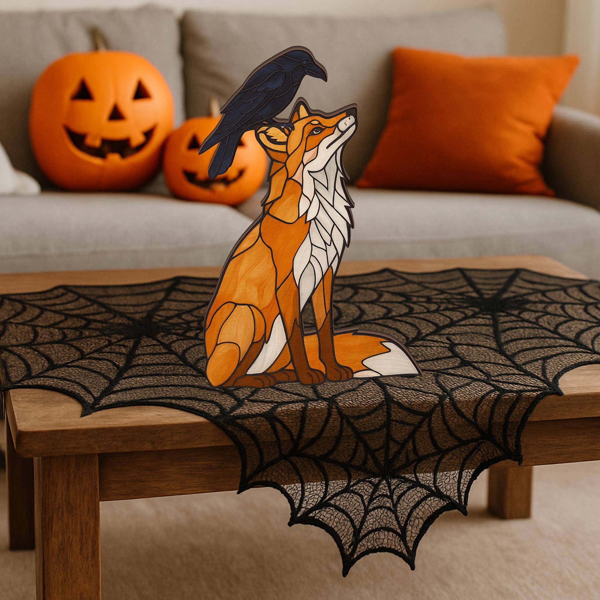Autumn Wooden Block Decor | Fox and Raven Halloween Decoration | Rustic Fall Sign | Woodland Animal Home Accent