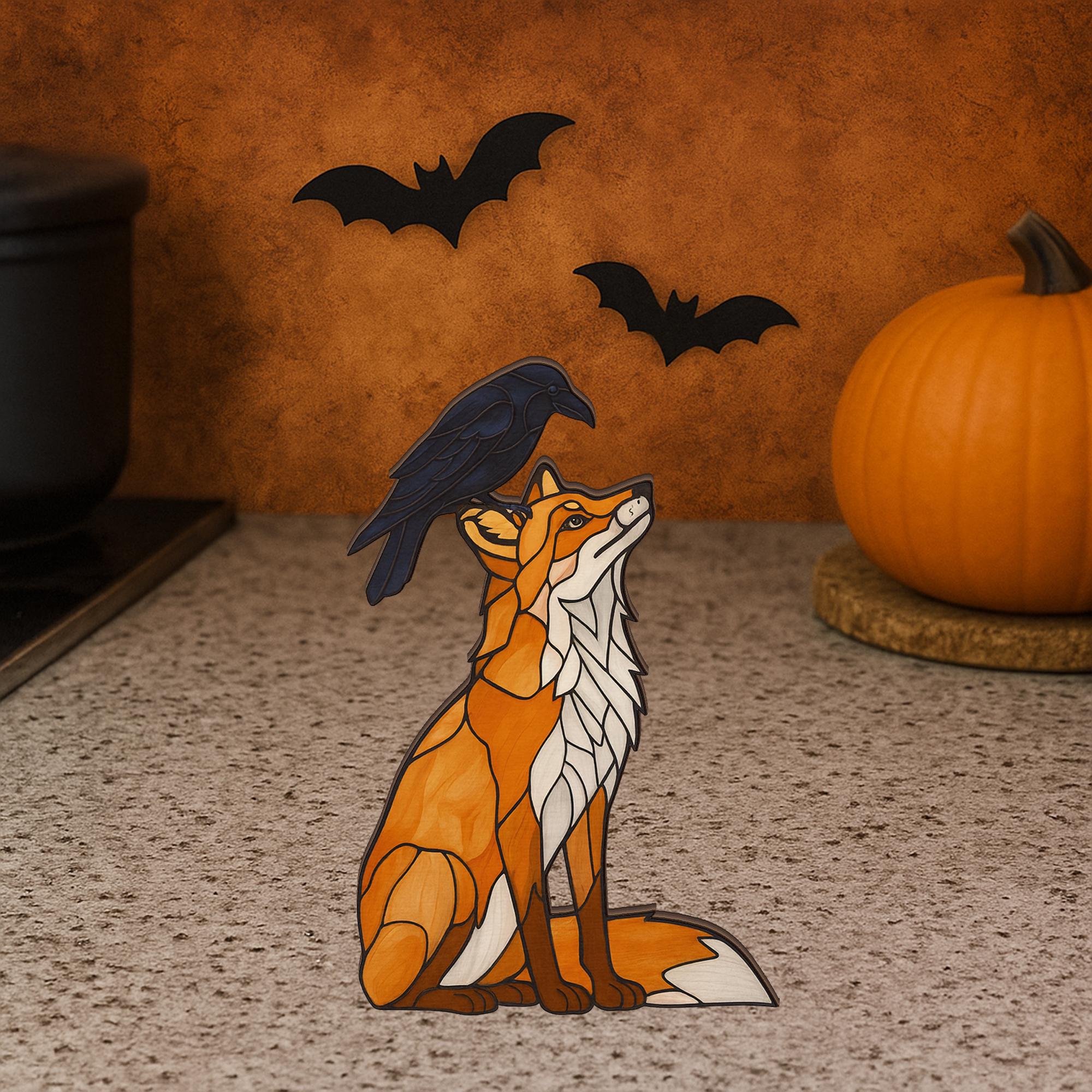 Autumn Wooden Block Decor | Fox and Raven Halloween Decoration | Rustic Fall Sign | Woodland Animal Home Accent