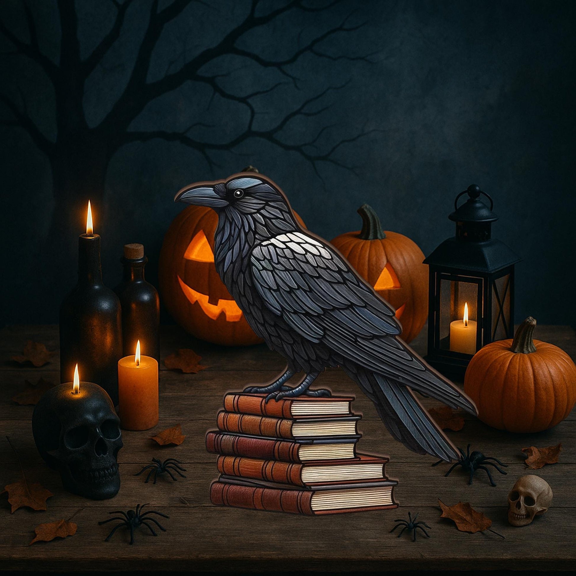 Raven Wooden Block Decor | Gothic Bookstack Halloween Decoration | Spooky Tabletop Sign | Witchy Raven Home Accent