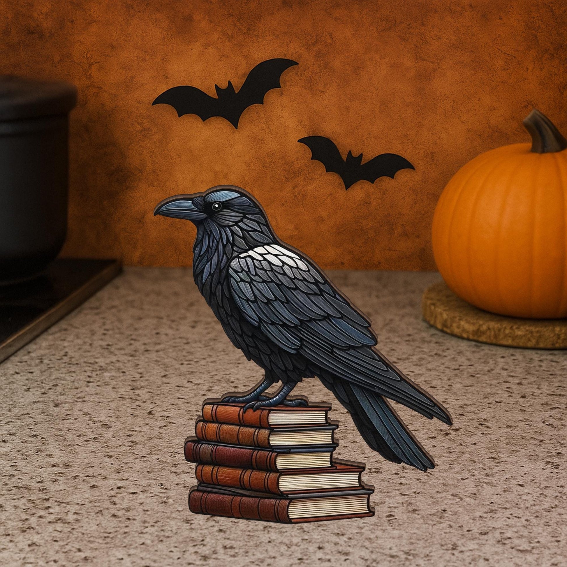 Raven Wooden Block Decor | Gothic Bookstack Halloween Decoration | Spooky Tabletop Sign | Witchy Raven Home Accent