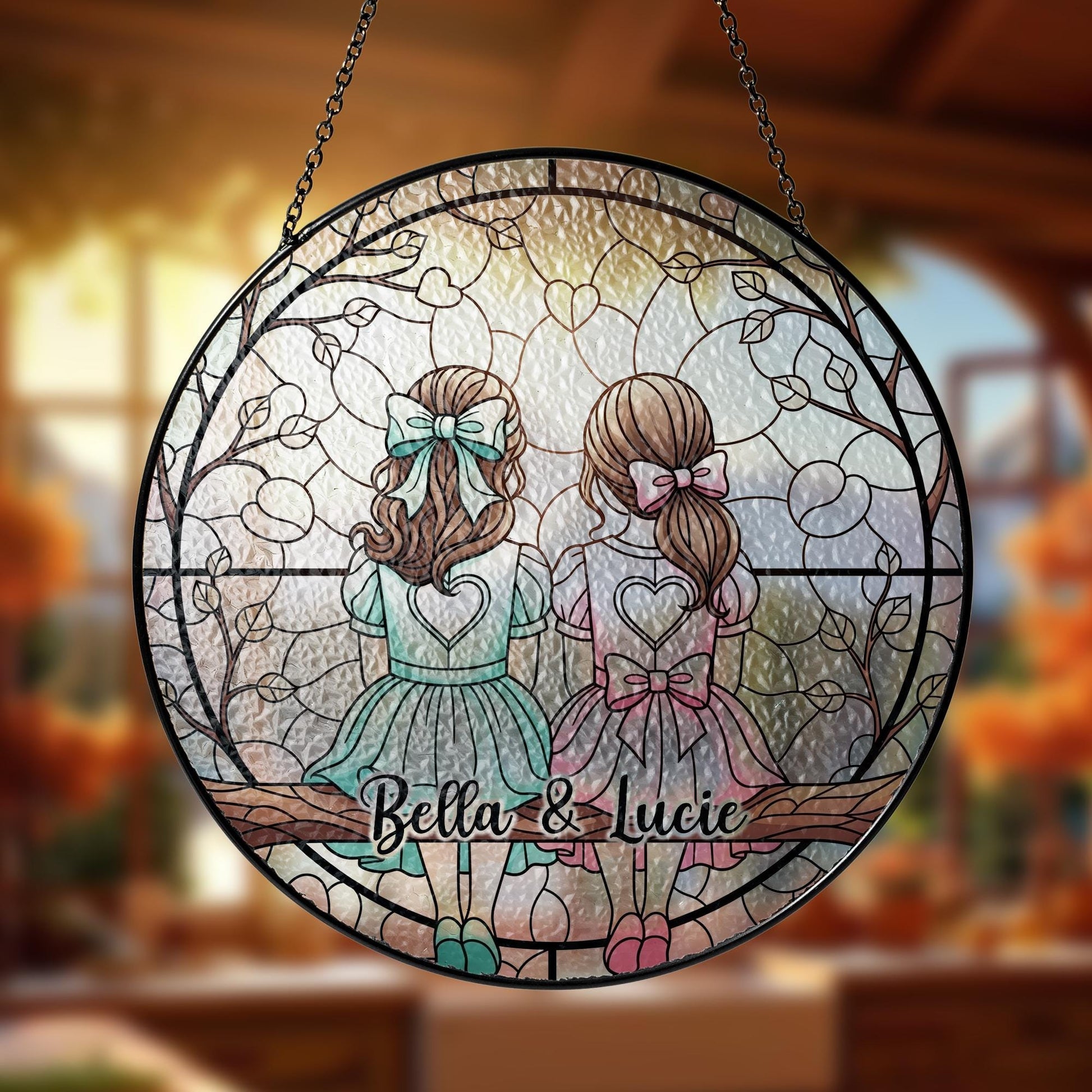 Custom Glass Suncatcher – Personalized Sisters or Friends Gift with Names, Decorative Window Hanging Ornament for Home, Cute Gift