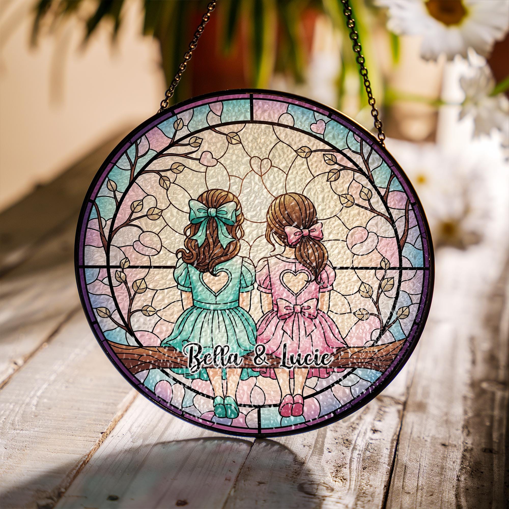 Custom Glass Suncatcher – Personalized Sisters or Friends Gift with Names, Decorative Window Hanging Ornament for Home, Cute Gift