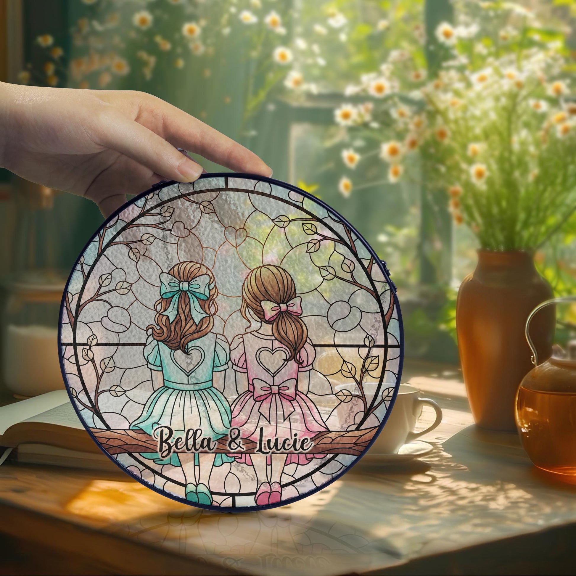 Custom Glass Suncatcher – Personalized Sisters or Friends Gift with Names, Decorative Window Hanging Ornament for Home, Cute Gift