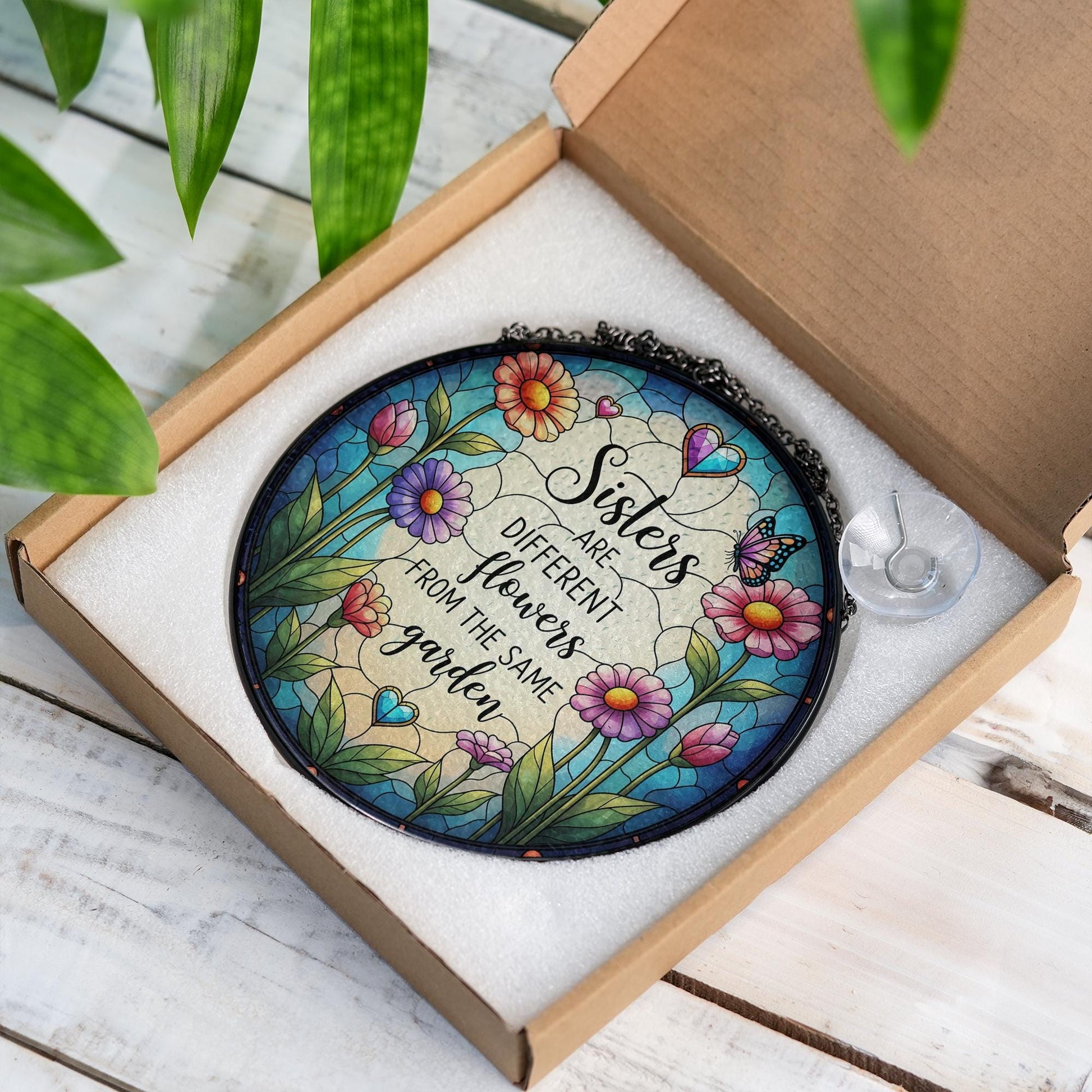 Sisters Glass Suncatcher – Floral Window Hanging Gift, Different Flowers Same Garden Quote, Sister Friendship Home Decor, Sister Cute Gift