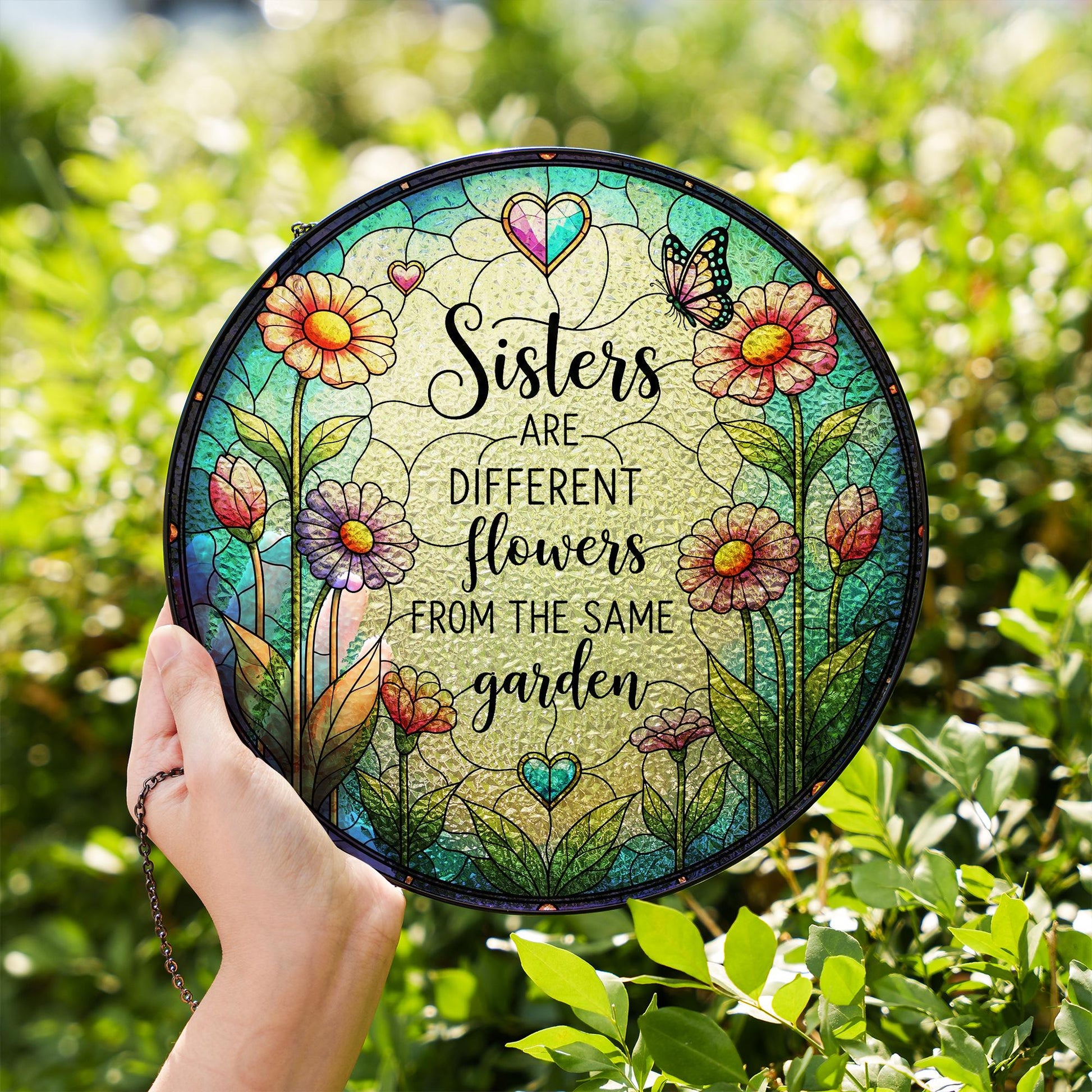 Sisters Glass Suncatcher – Floral Window Hanging Gift, Different Flowers Same Garden Quote, Sister Friendship Home Decor, Sister Cute Gift