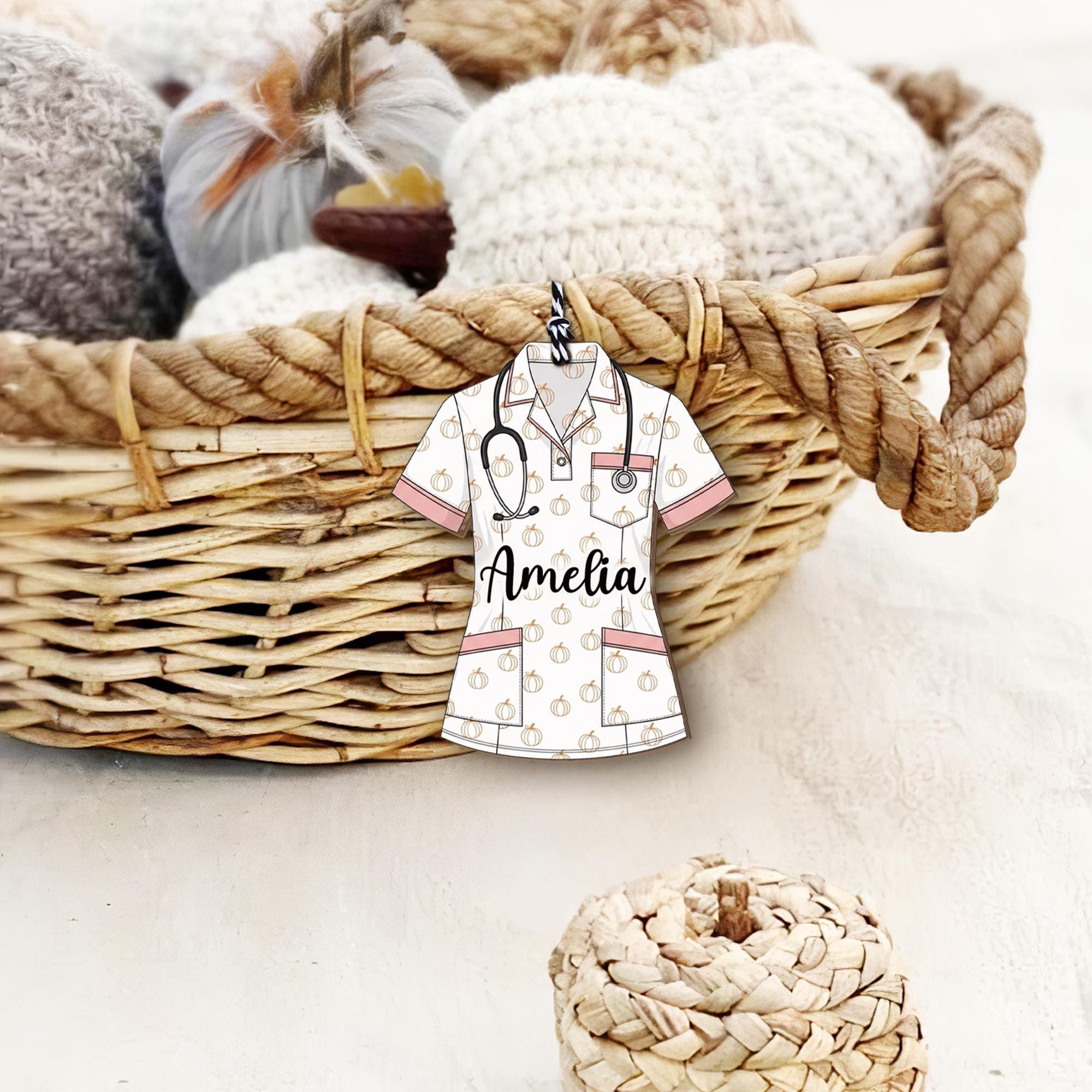 Custom Nurse Scrub Basket Tag – Personalized Name Ornament with Stethoscope, Medical Staff Gift for Nurse, Doctor, Healthcare Worker