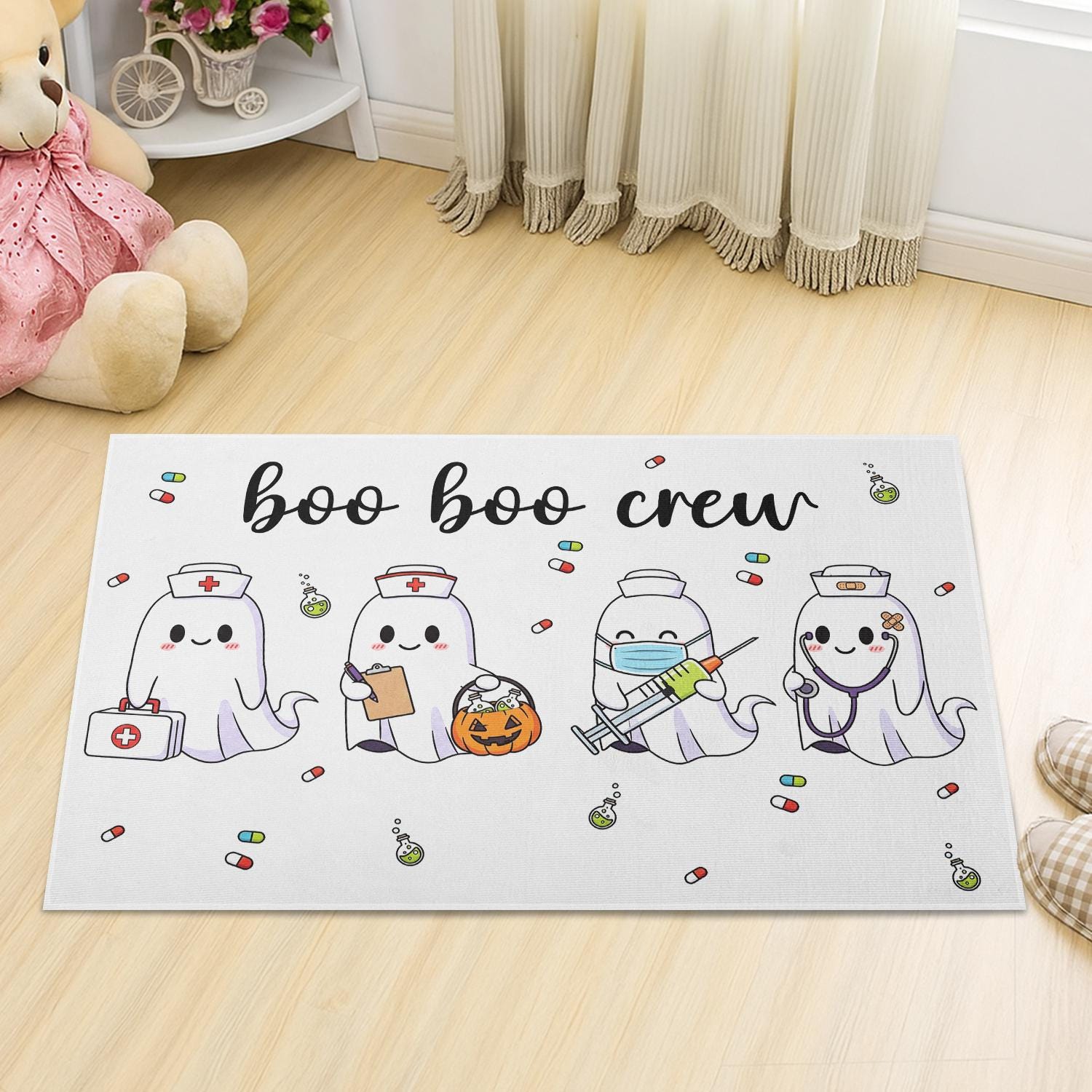 Boo Boo Crew Halloween Doormat – Funny Nurse Ghost Door Mat, Medical Staff Fall Decor, Spooky Healthcare Worker Porch Rug Gift, Room Decor