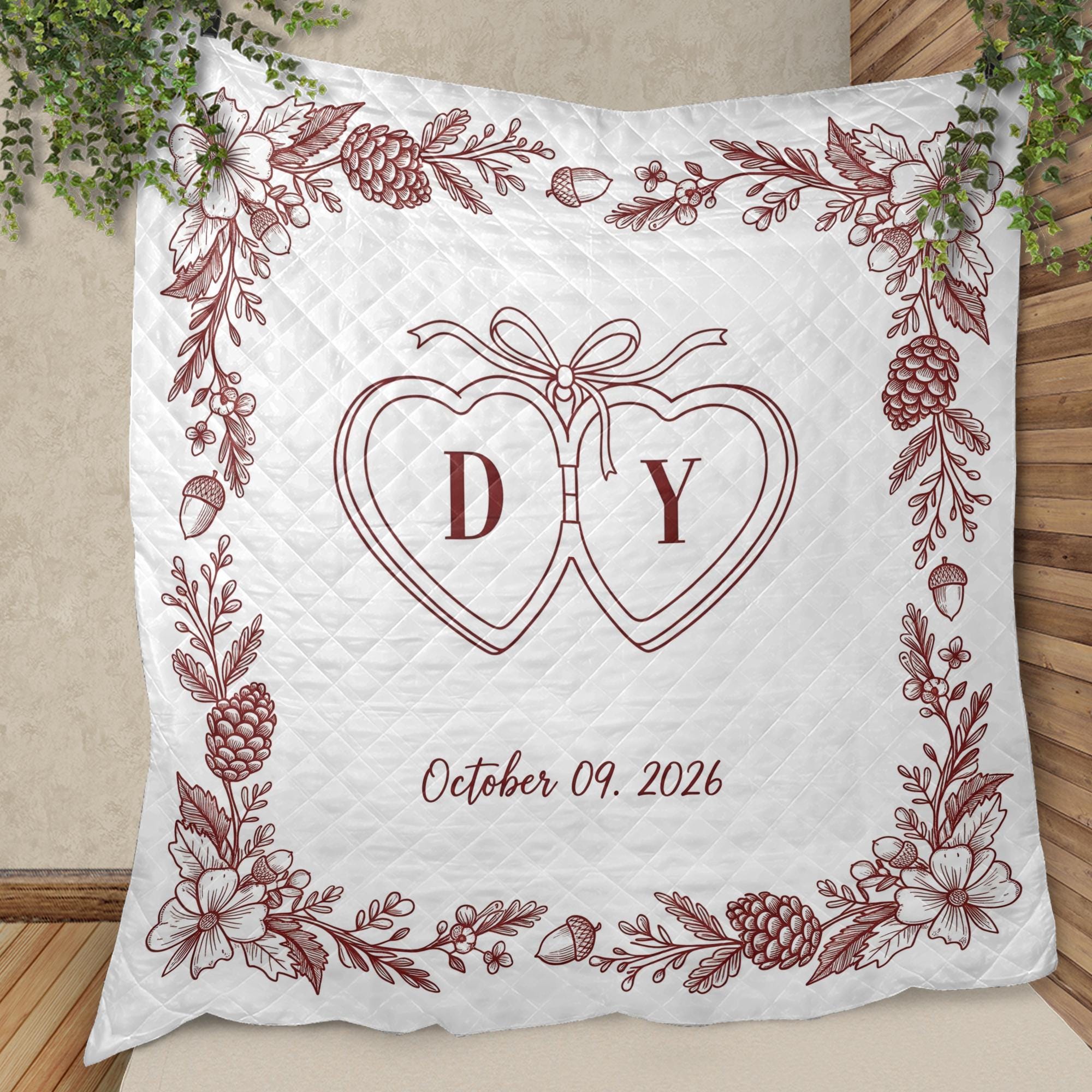 Custom Wedding Blanket, Personalized Couple Throw, Anniversary Gift, Engagement Blanket, Monogram Date Quilt, Romantic Home Decor