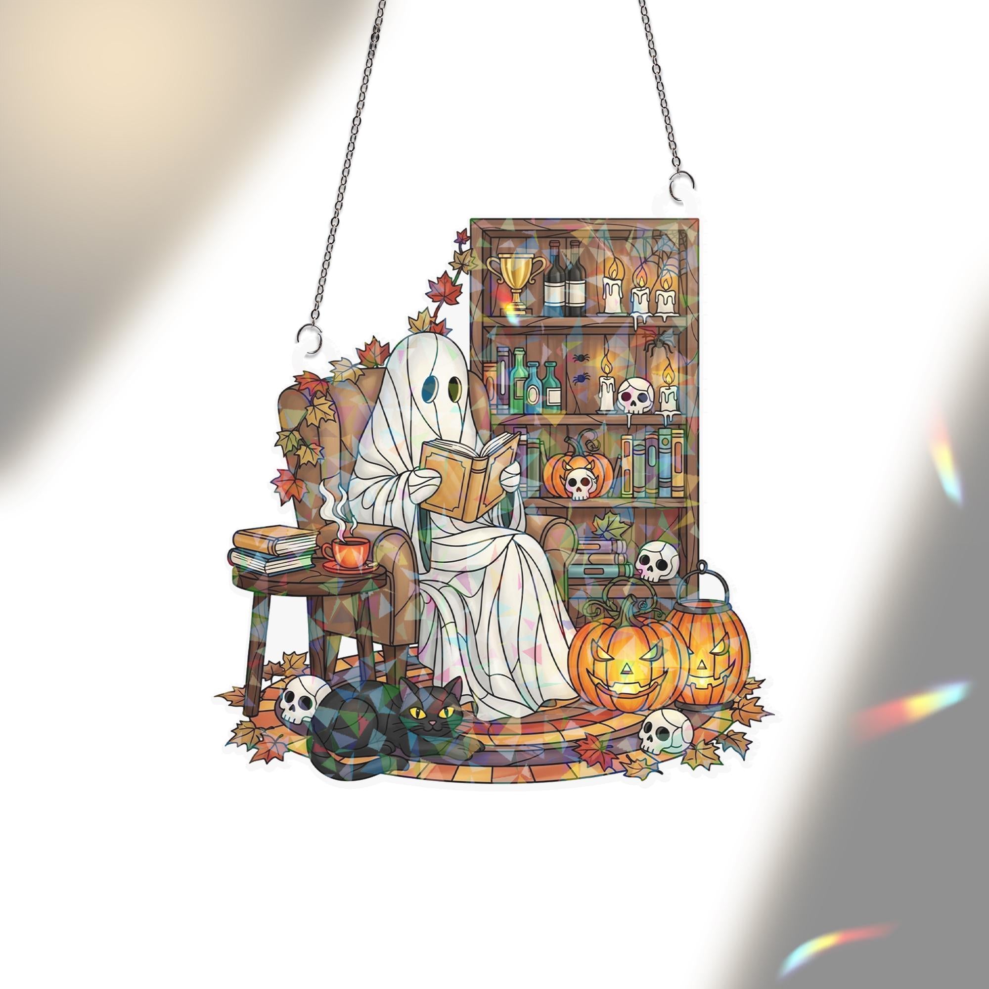 Ghost Reading Book Suncatcher, Spooky Black Cat Halloween Decor, Book Lover Gift for Bookworm Library