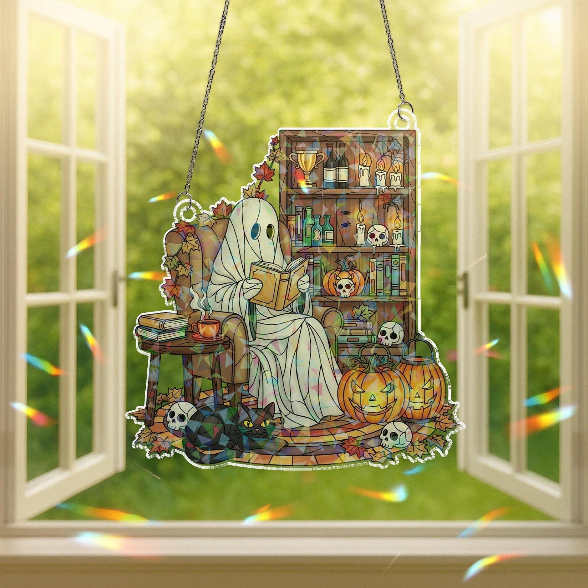 Ghost Reading Book Suncatcher, Spooky Black Cat Halloween Decor, Book Lover Gift for Bookworm Library