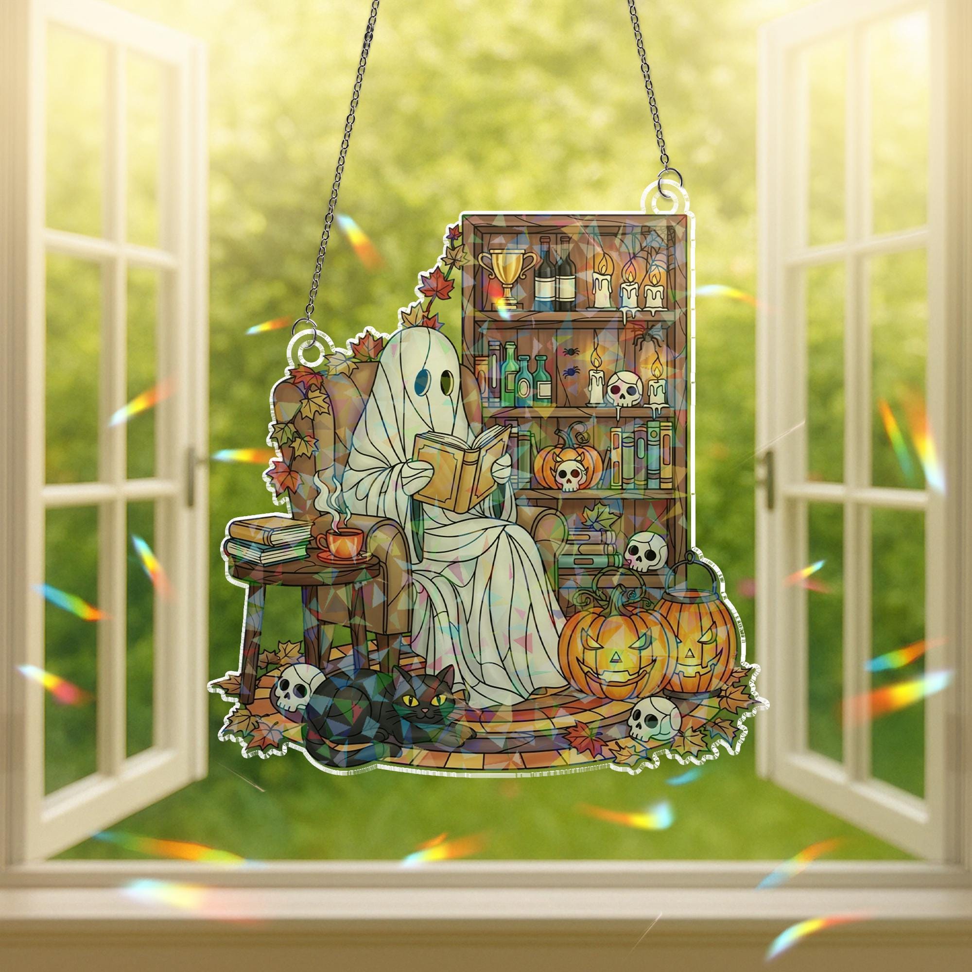 Ghost Reading Book Suncatcher, Spooky Black Cat Halloween Decor, Book Lover Gift for Bookworm Library